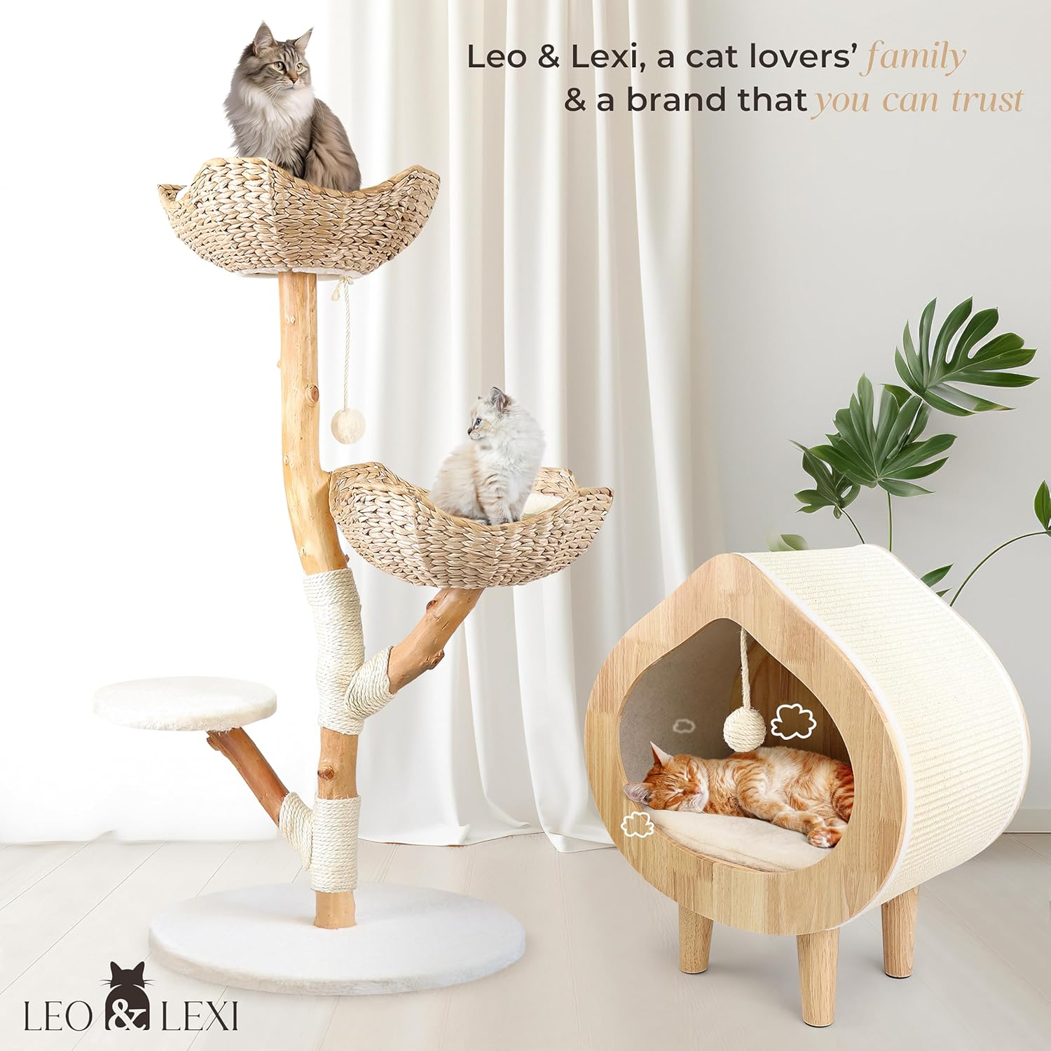 Real Wood Modern Cat Tree Tower for Indoor Cats Large Adult, Heavy Duty Wooden Condo, Kitty Climbing Tower with Scratching Post and Bed, Unique Boho Aesthetic Luxury Pet Furniture by Leo & Lexi image number 2