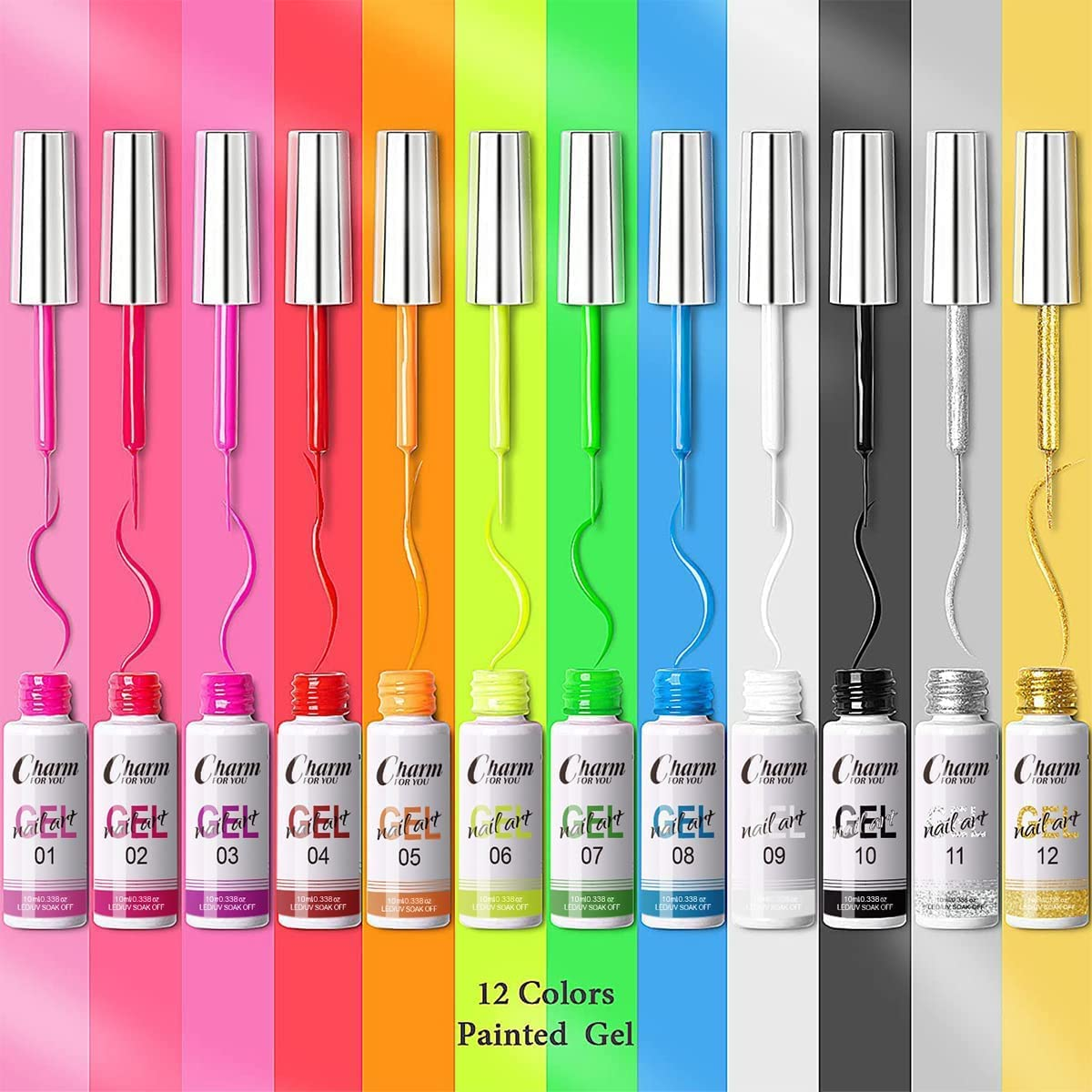 VERONNI Gel Liner Nail Art Gel Nail Polish Painted Set，12 Color Black Pink White Gel Polish Painting Liner Gel Nail Art Painting Gel Pen Soak off Manicure Salon DIY at Home image number 6