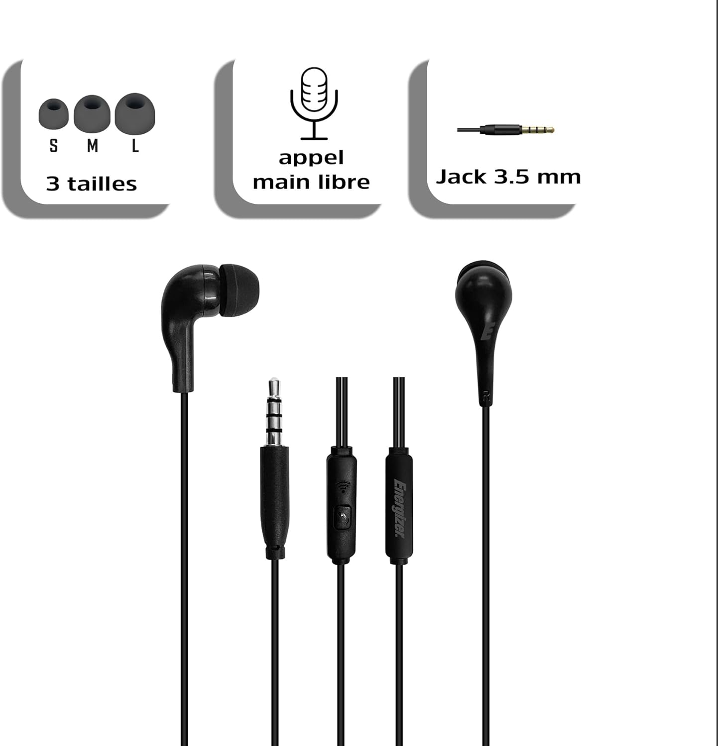 Energizer - Wired In-Ear Headphones, 1 Button Remote Control - Connectors: 3.5 Mm Jack Cable - Colour: Black image number 1