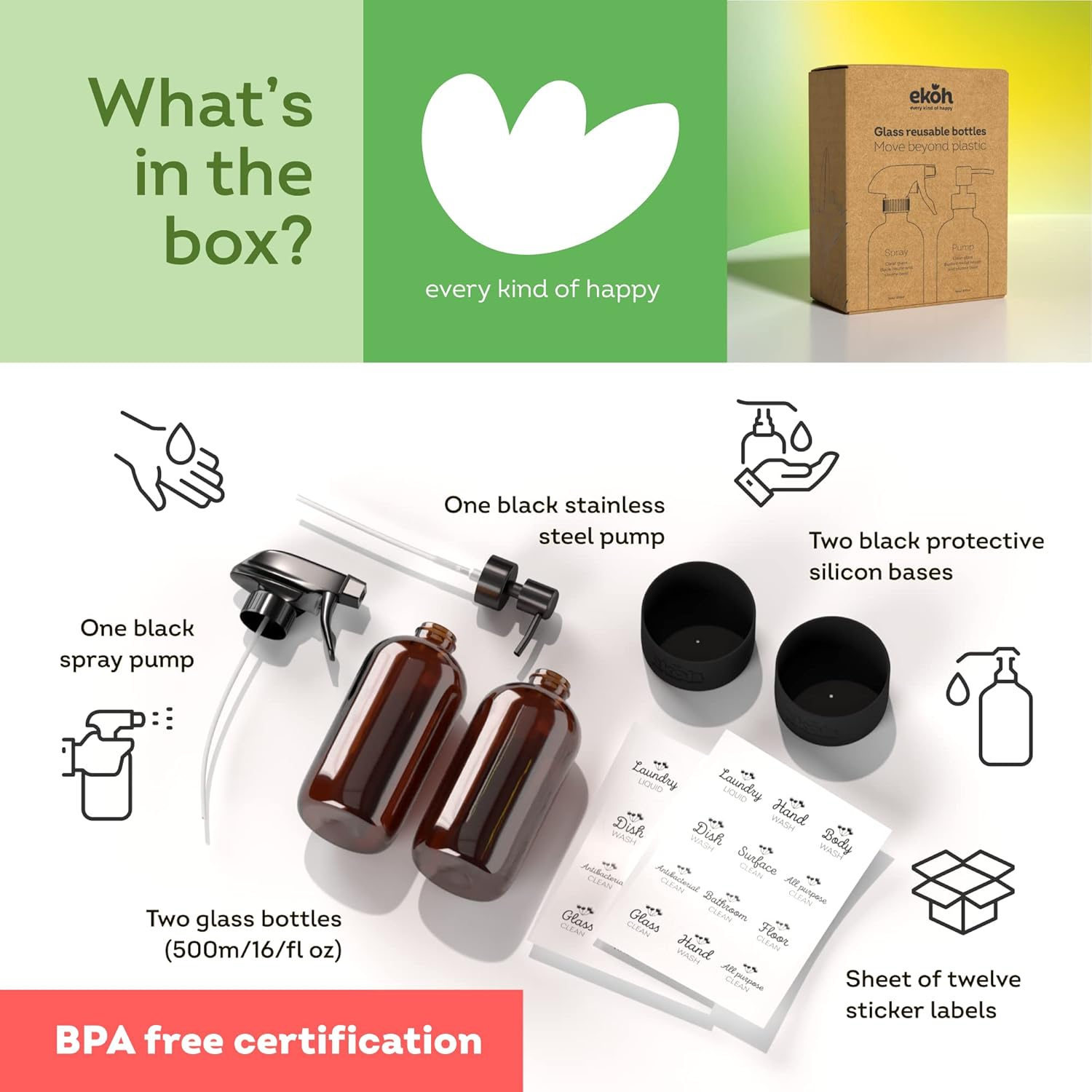 EKOH 2 Pack Glass Bottles 500Ml &ndash; Refillable Pump & Spray Dispensers for Kitchen, Bathroom, Soap, Lotion, Handwash, Dish Soap, Eco-Friendly & Reusable (Amber) - Amber image number 2