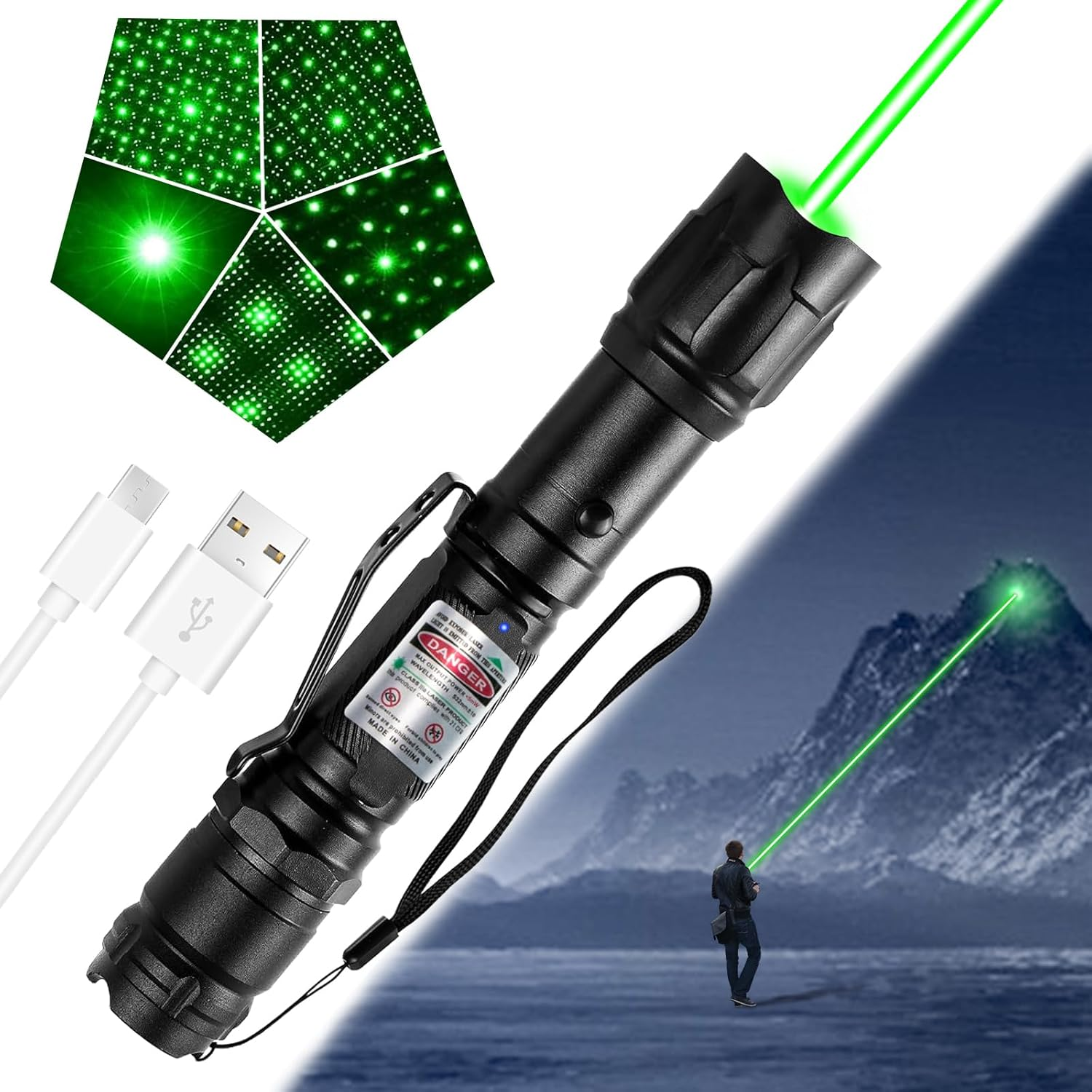LETEAPII Green Light Flashlight, Long Range Dot Beam Pen, Tactical Flashlights with Star Cap, Adjustable Focus, Rechargeable for Outdoor, Tv/Led/Lcd Screens, Astronomy, AC image number 1