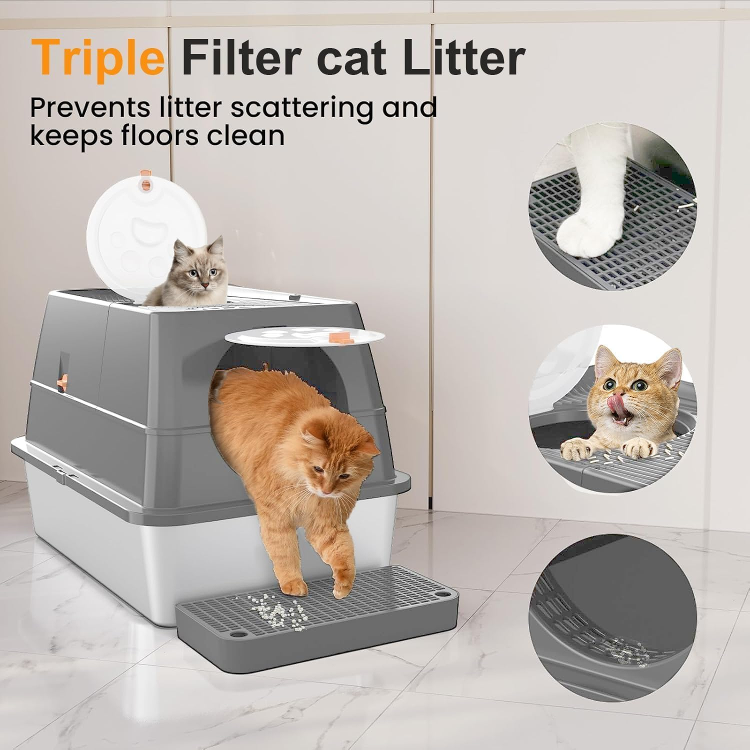 ZALLUC Stainless Steel Cat Litter Box with Lid, Flip-Top Extra Large Cat Litter Pan, Enclosed Metal Litter Box with Litter Scoop & Filter Pedal, Anti-Leakage, Odor Free, Front & Top Dual Entry(Grey) image number 6
