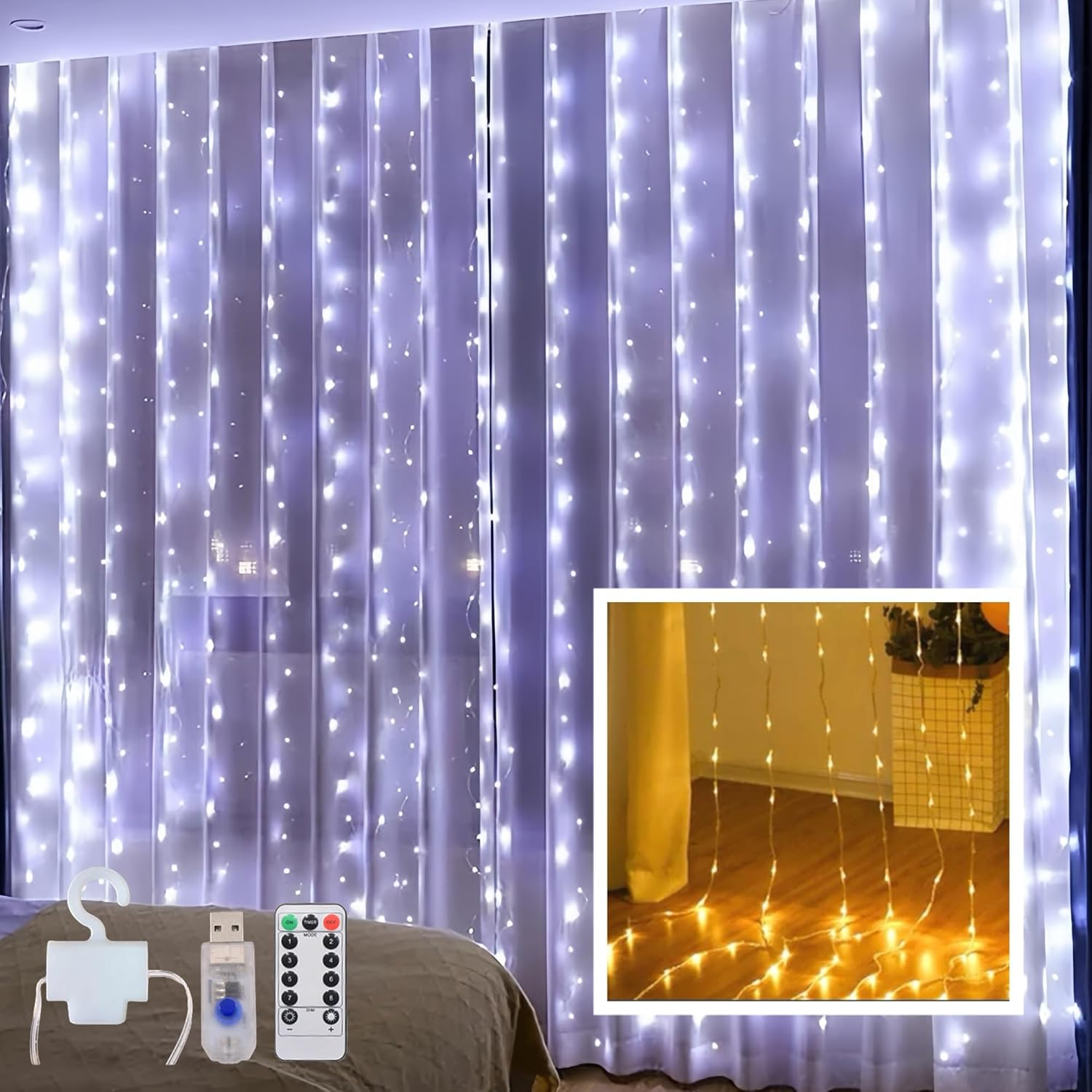 Clearhill 3 * 3Curtain String Lights 300LED Warm 8 Modes Soft Wire Curtain Lights with Remote & Timer, USB Operated, Waterproof for Indoor/Outdoor Decorations，Bedroom，Wedding，Party