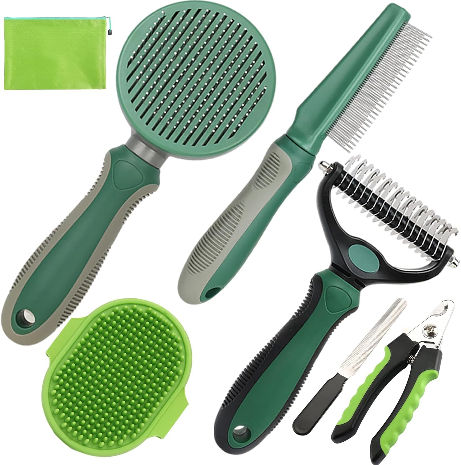 Dog Brush for Shedding, 7 PCS Dog Grooming Brush Kit Including Undercoat Rake, Slicker Brush, Dematting Comb, Nail Clipper, Bath Brush for Long & Short Haired Dogs, Cats (Green)