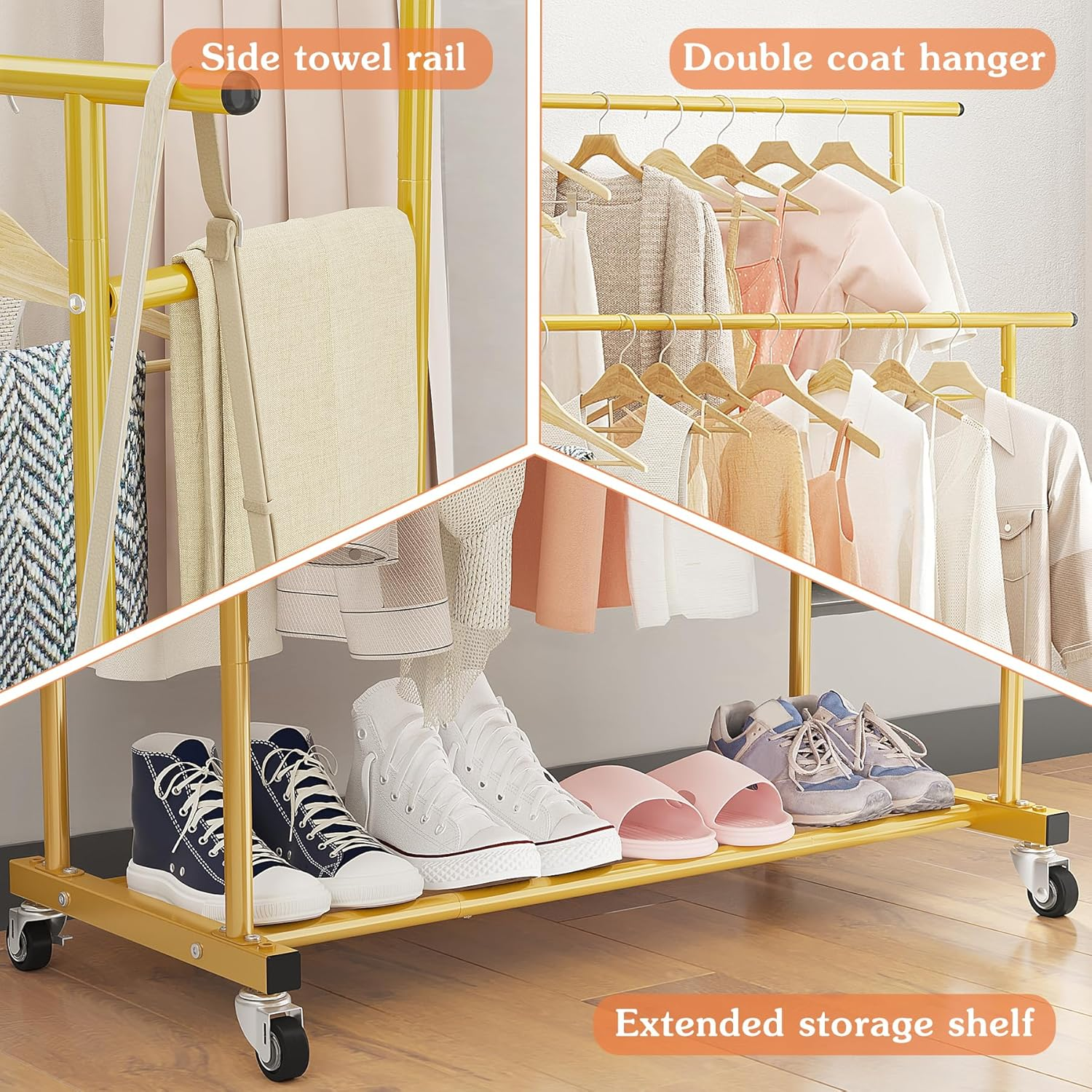 Calmootey Double Rod Clothing Garment Rack,Rolling Hanging Clothes Rack,Portable Clothes Organizer for Bedroom,Living Room,Clothing Store,Gold - Black image number 6