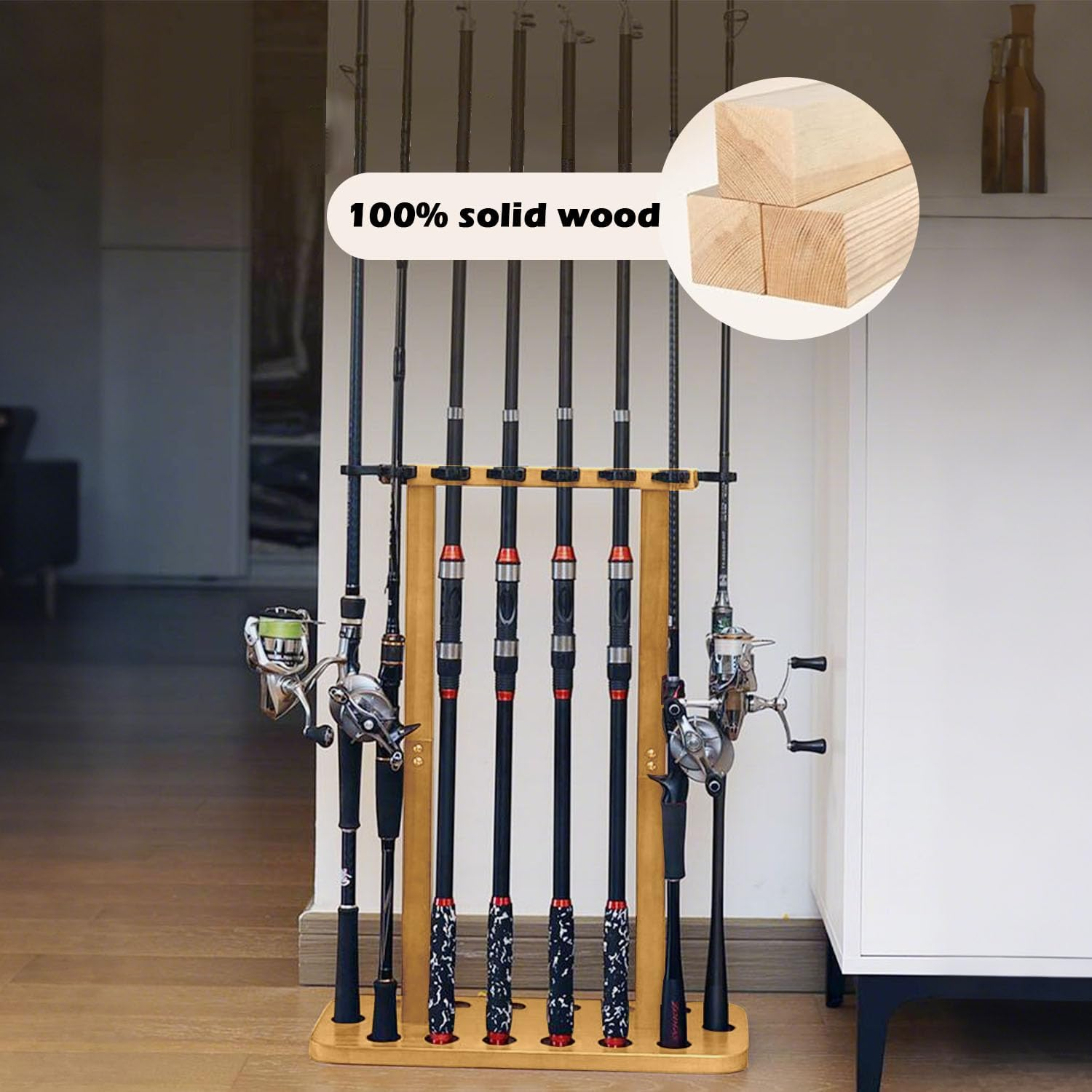 100% Wood Fishing Rod Rack | Garage Storage Solution Holds 14+ Rods & Combos | Space-Saving Floor Stand image number 4