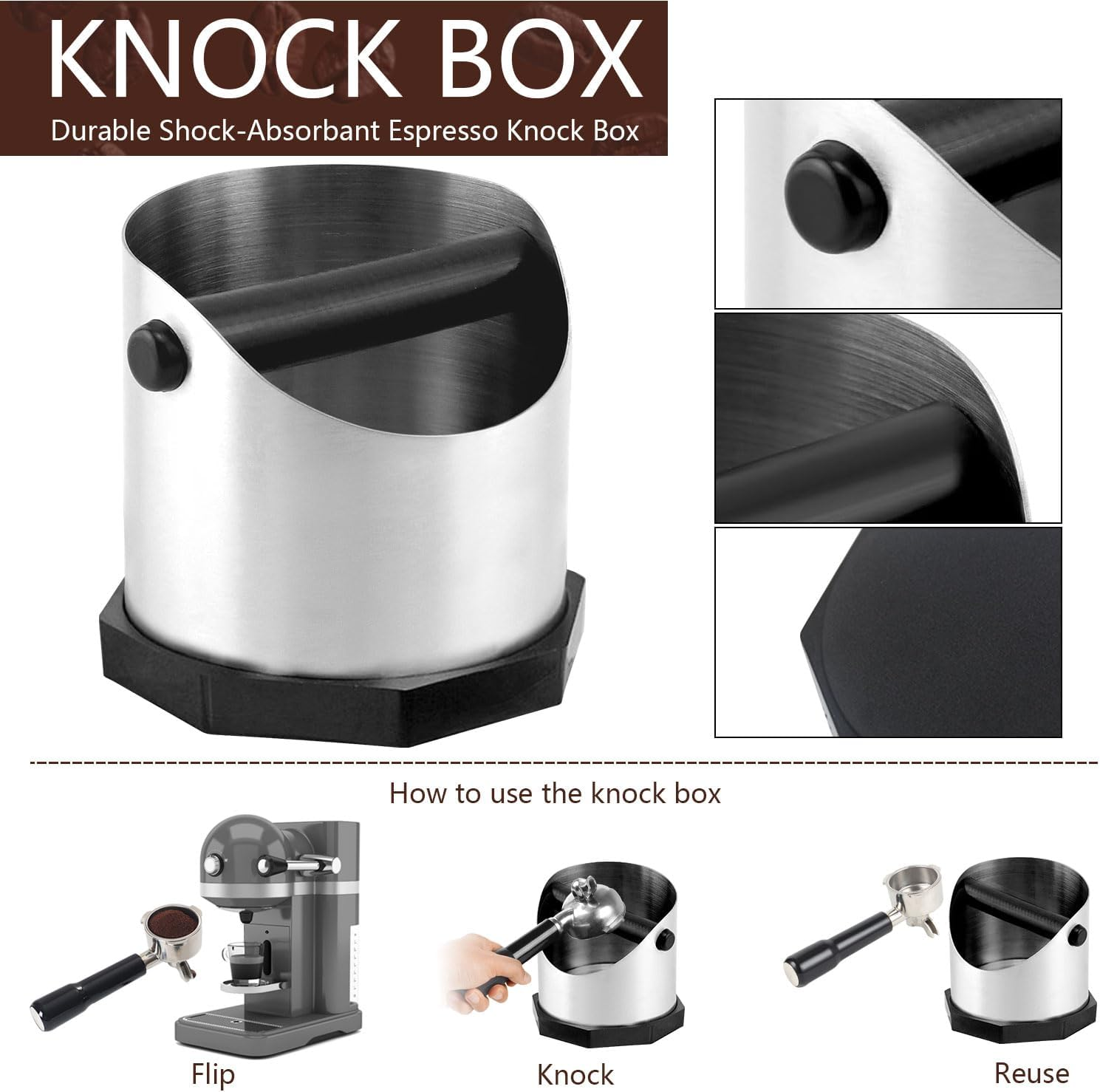 Espresso Knock Box with Rubberized Bar and Anti-Slip Base Durable Stainless Steel Coffee Espresso Grounds Knock Box Espresso Machine Accessories for Home Barista Coffee Grounds Disposal, Silver, 750Ml image number 2