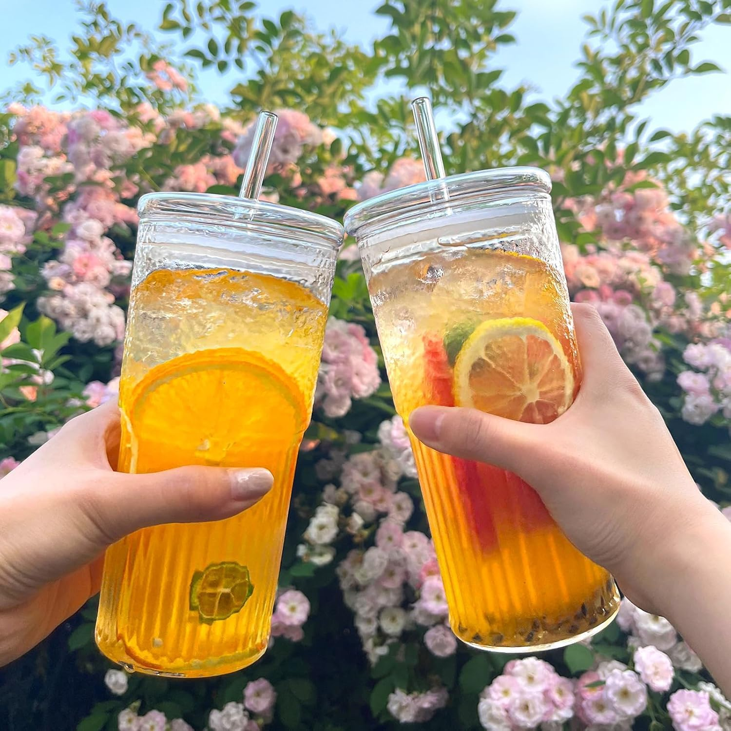 Glass Tumbler Set, 20 Oz Mason Jar Cups with Lids and Straws, 2-Pack image number 3