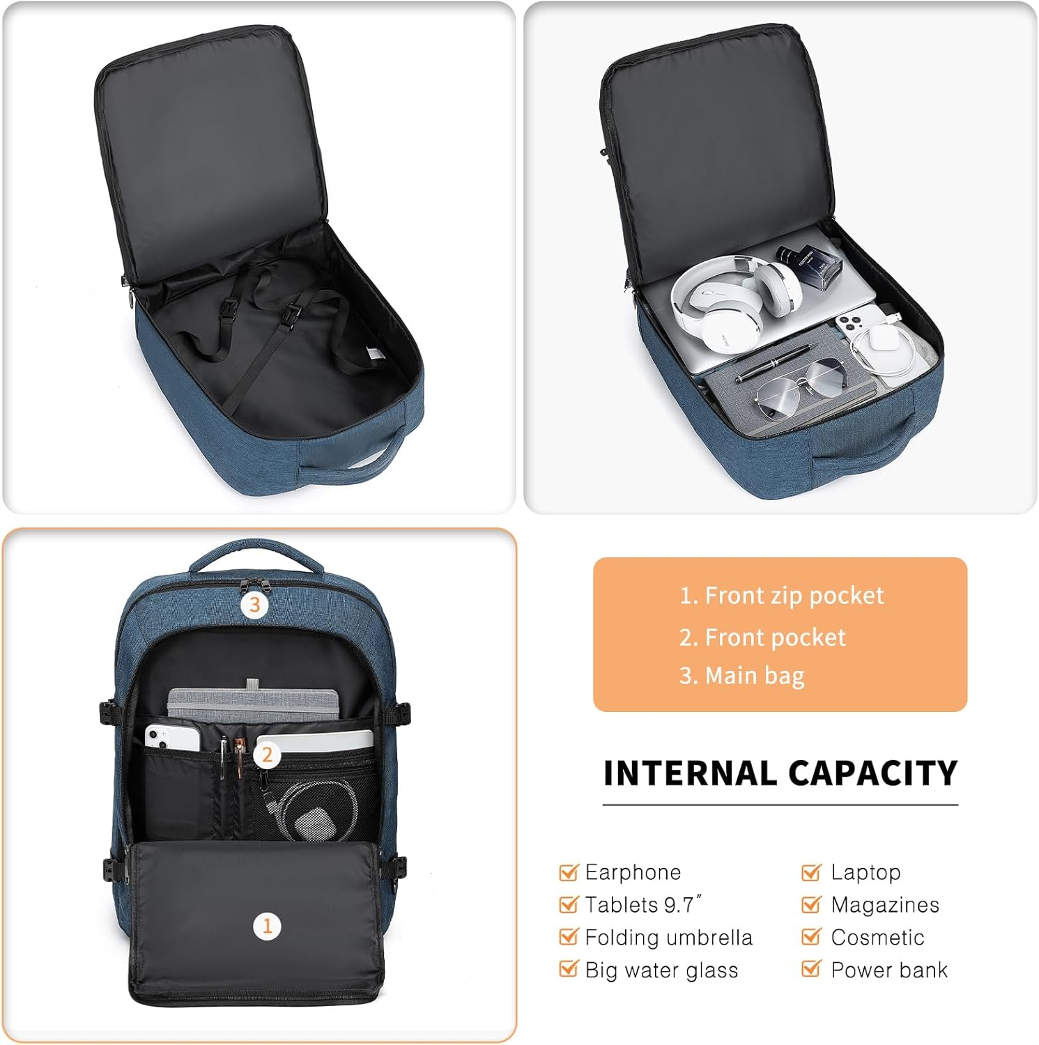 Kono Cabin Bags Underseat Carry on Backpack 45 X 36 X 20 Cm Hand Luggage Bag Large Capacity Travel Backpack - Navy image number 2