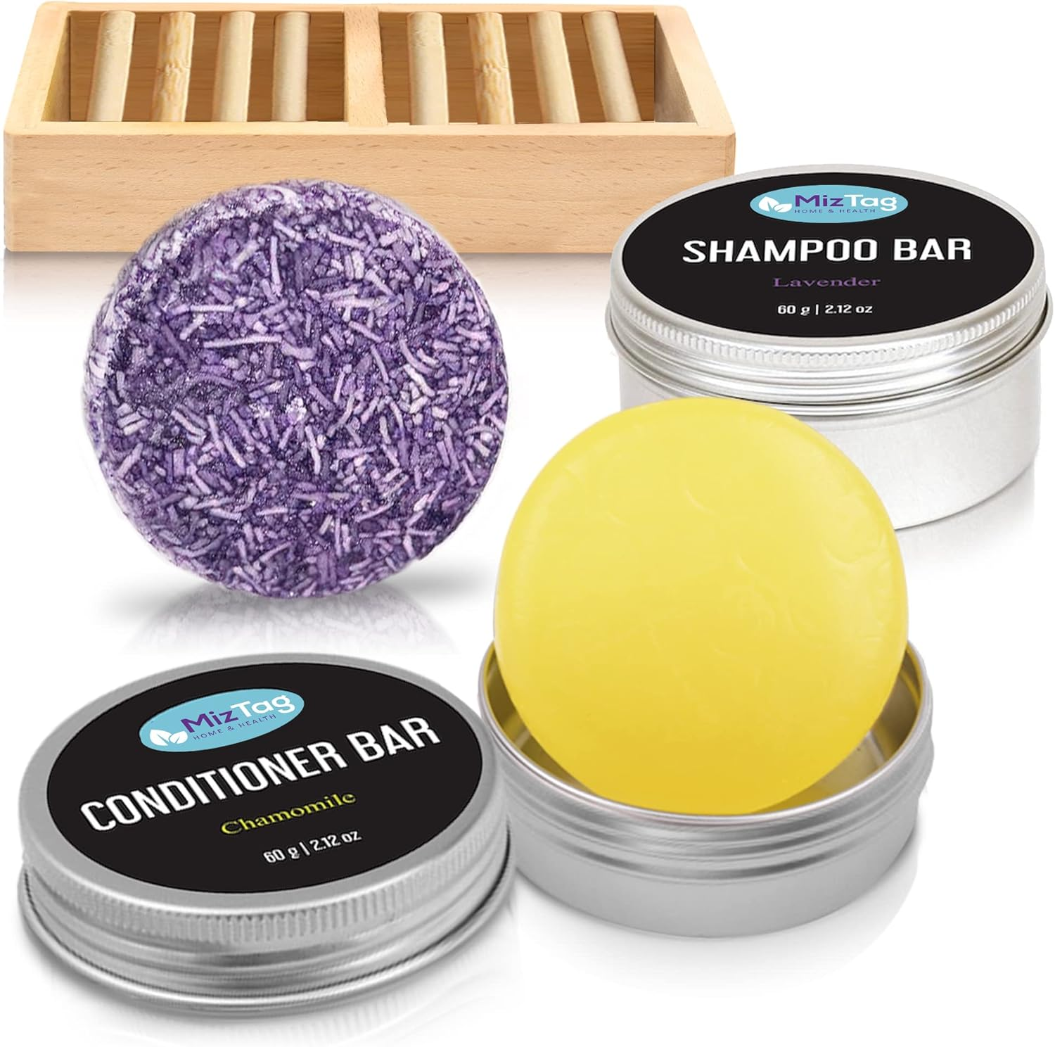 Shampoo and Conditioner Bars with Natural Vegan Ingredients - Phthalate-Free, Paraben-Free - Holder and Travel Tins Included image number 2