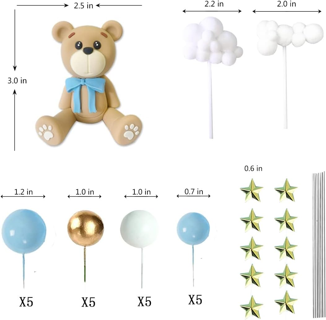 33 PCS Bear Cake Toppers Bear Balls Cake Decorations with Stars Clouds Cake Toppers for Boy Girl Baby Shower Birthday Party Decorations (Blue Ball Bear)