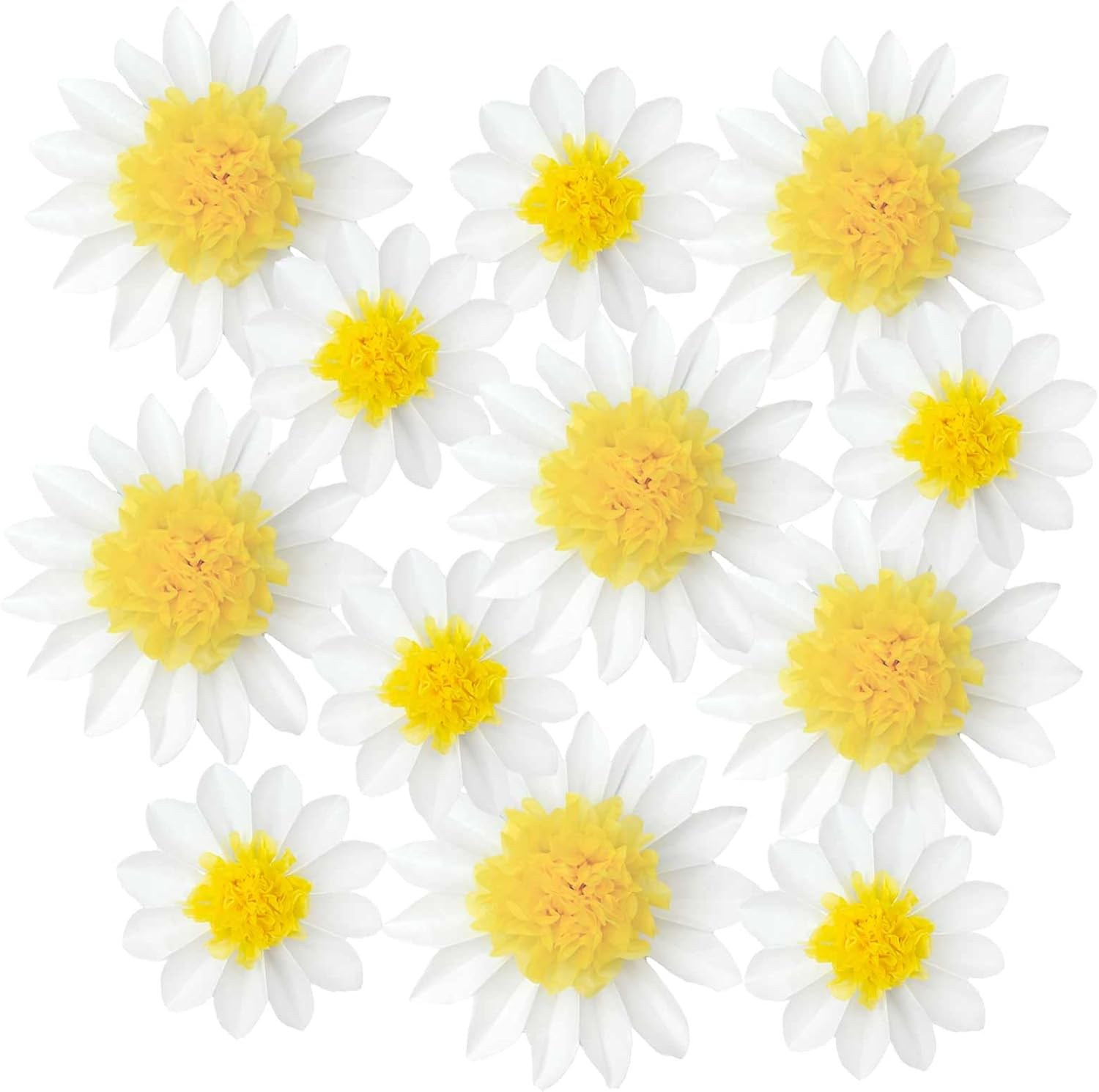12Pcs Daisy Tissue Paper Pom Poms Flower 12" 8" for White Yellow Flowers Themed Birthday Party Sunshine Wall Hanging Baby Shower Bridal Country Wedding Party Iwlorys image number 5