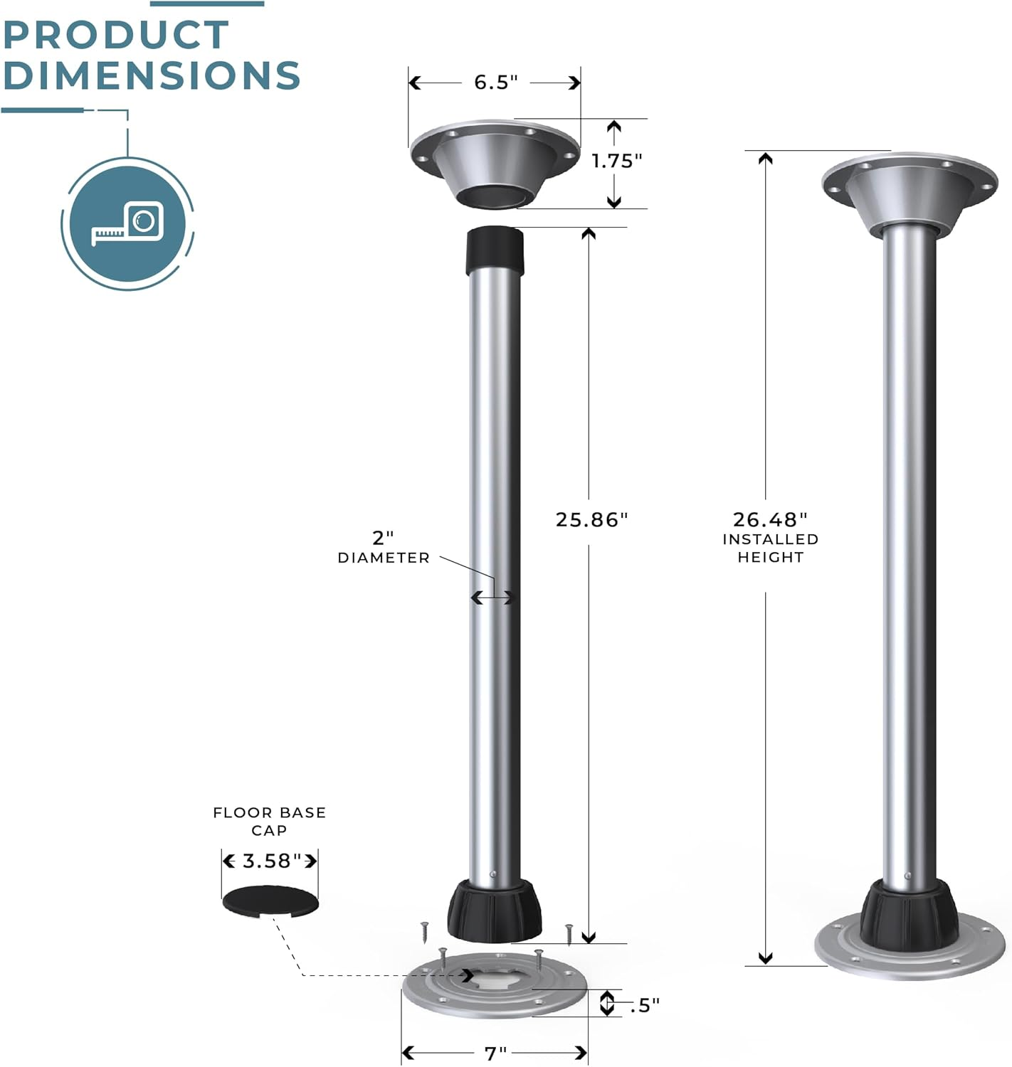 Manufacturers' Select ITC Silver Sequoia III Table Leg System for RV or Boat (25.5") TL4002C-25.5 (B09TBK319N) image number 6