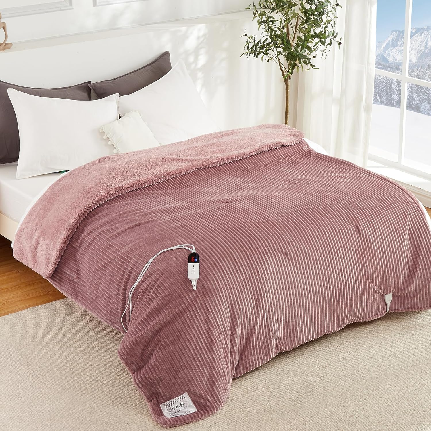 Electric Throw Blanket 130X160Cm, Thick Ribbed Flannel Heated Blanket, Heated Throw Blanket with 6 Heating Levels, 10 Time Settings, SAA Certified & Machine Washable Throw Rug, Pink