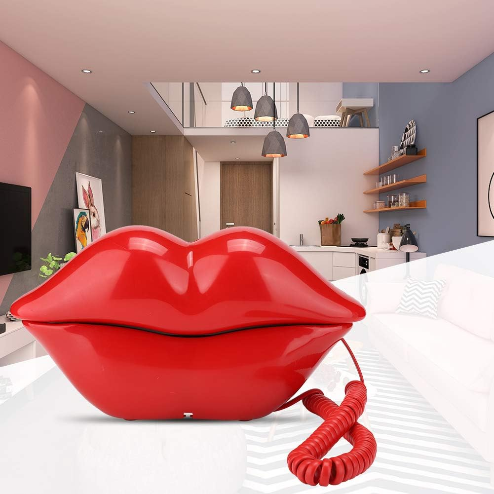 Funny Lip Telephone, Rose Red Mouth Corded Landline with Number Storage Function, Desktop Fixed Telephone for Office Home Decoration, Ideal Gift - Red image number 1