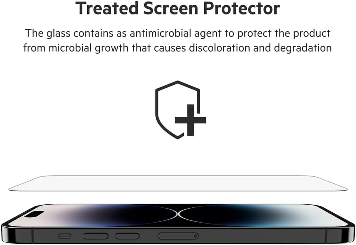 Belkin Temperedglass Iphone 14 PRO MAX Screen Protector, Antimicrobial-Treated, Easy Bubble Free Application with Included Installation Guide Tray, 9H Hardness Tested (Ova102Zz) image number 3