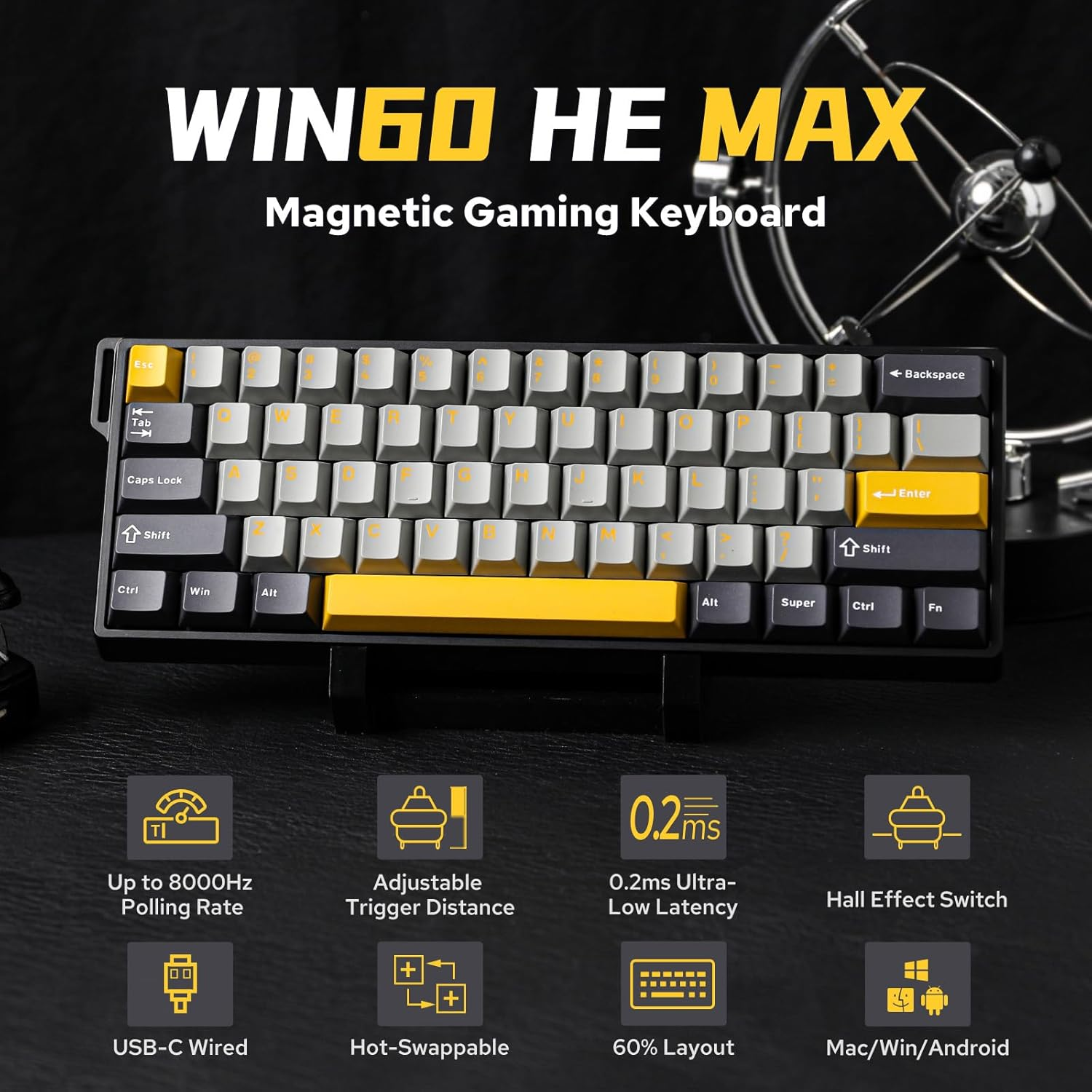 EPOMAKER Aula WIN60 HE 60% Wired Magnetic Keyboard with Adjustable Actuation, 8000 Hz Polling Rate, Hall Effect Switches, Hot-Swap, for FPS Games (Grey&Yellow)