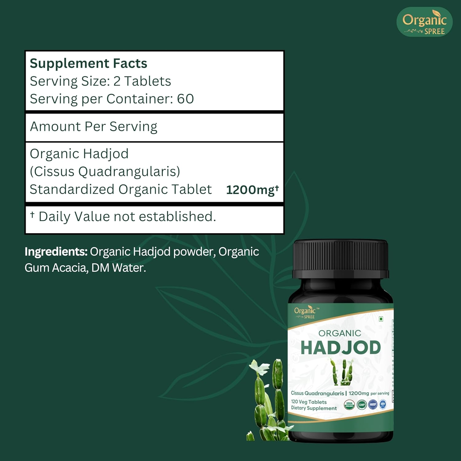 Hadjod - CISSUS 120 Tablets | Cissus Quadrangularis (Hadjod) | USDA Organic Certified | Organic and Natural 120Tab image number 2