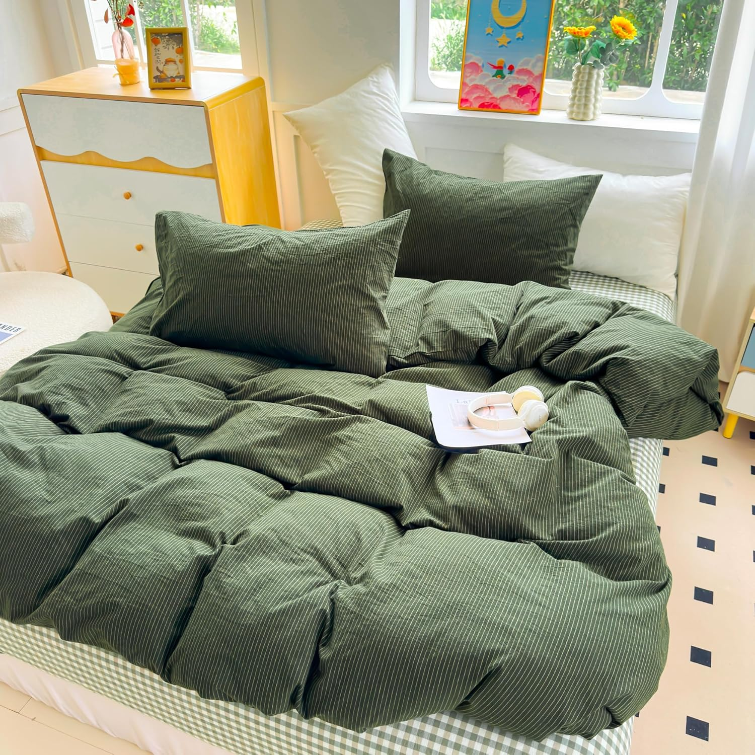 Pinkmemory Olive Green Striped Duvet Cover Queen 100% Washed Cotton Dark Green Stripe Duvet Cover Set Full 3Pcs Pinstripe Pattern Bedding Set with Zipper Closure Corner Ties,Soft Breathable image number 7