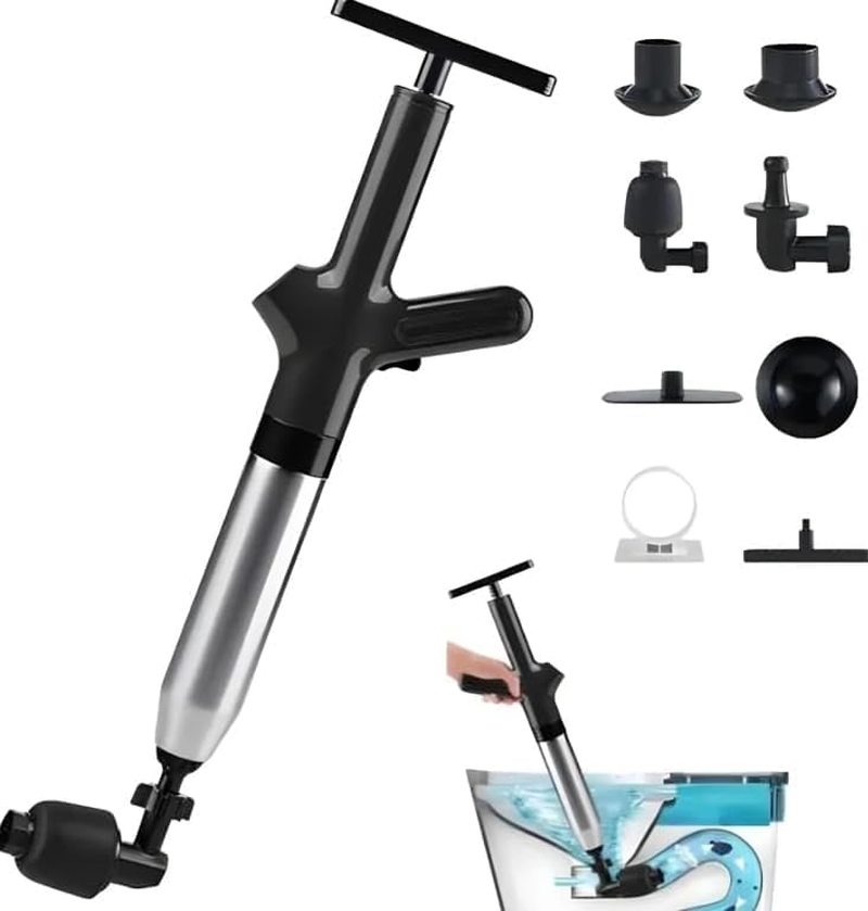 Toilet Plunger, High Pressure Drain Unclogging Tool, Stainless Steel Toilet Unclogger 4 Nozzle Attachments for Sink, Shower & Pipe Blockages | Visual Barometer | Easy-Store Design (Black) image number 2
