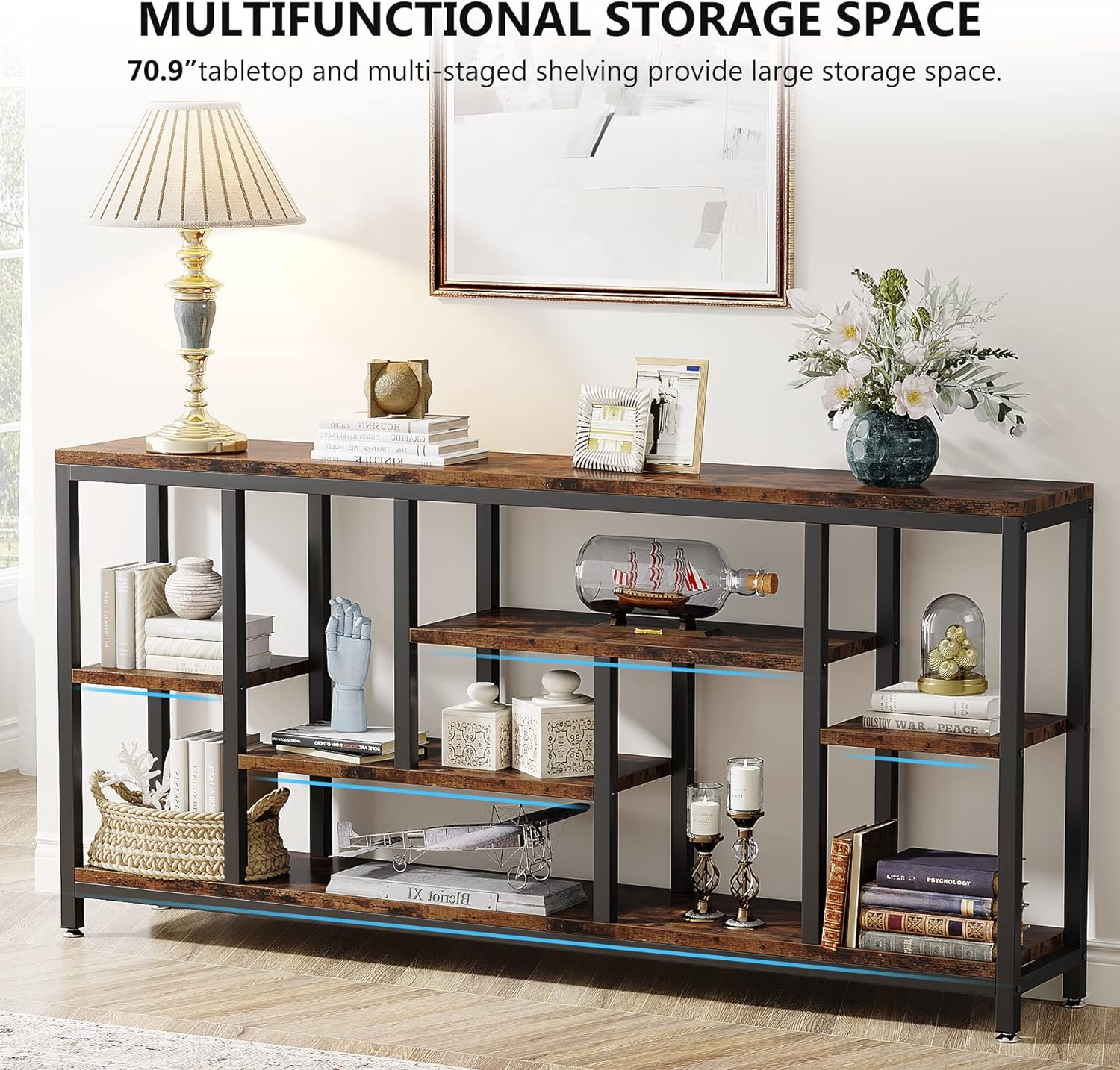 Tribesigns Console Hallway, 180 Cm Extra Long Console Table behind Couch with Storage Shelves, 5-Tier Industrial Entryway Hallway Entrancetable for Living Room, Rustic Brown image number 1