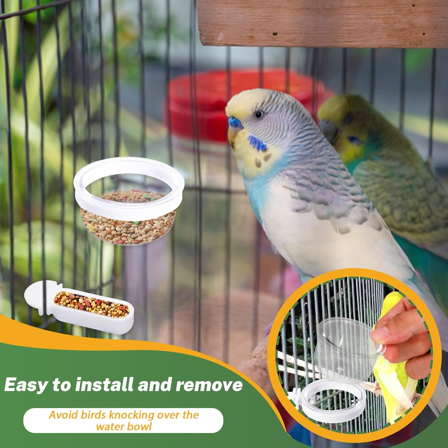 4 Pcs Small Bird Detachable Transparent Bowl with 8 Pcs Small Food Cups, Parrot Plastic Food Feeder Convenient Hanging Food Cups for Canary Finch Parrot (Transparent) image number 2
