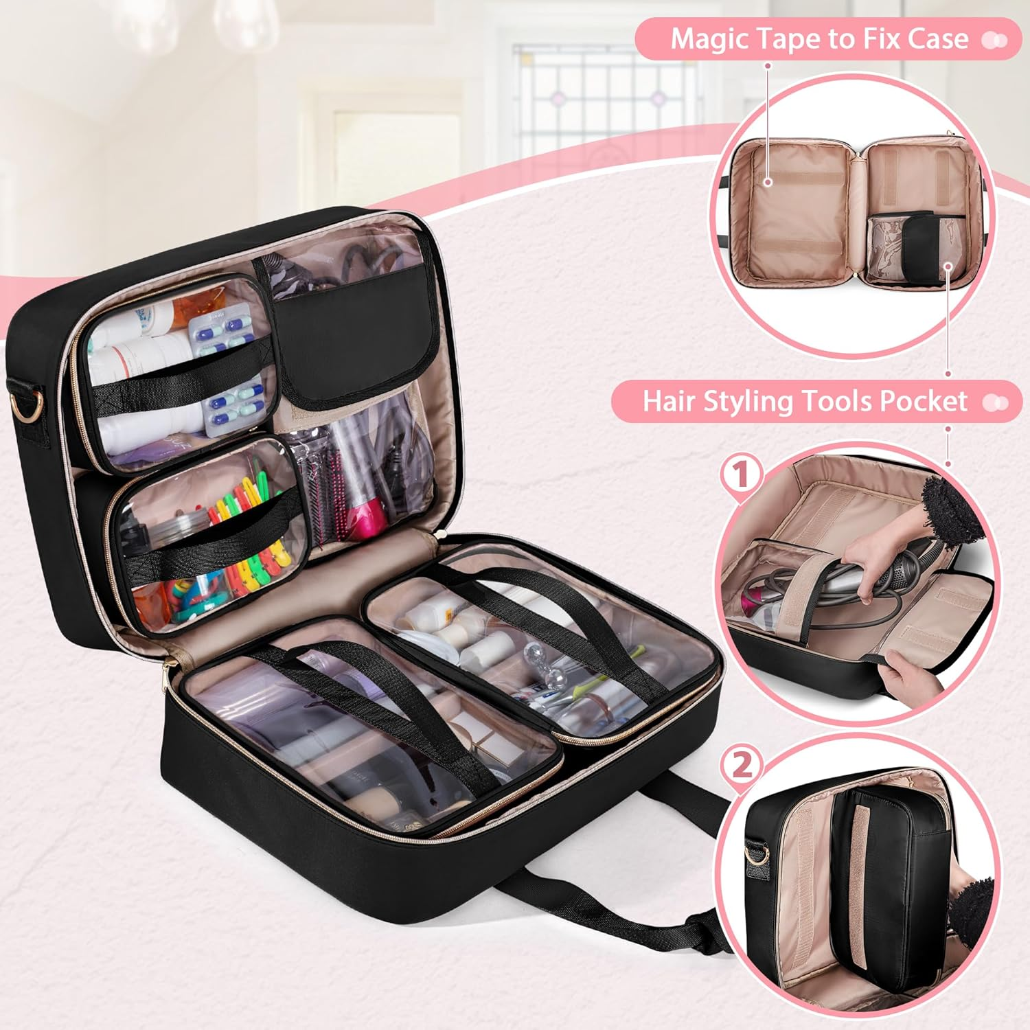 Prokva Extra Large Toiletry Bag for Women with 4 Individual Cases, Black, Classic image number 2