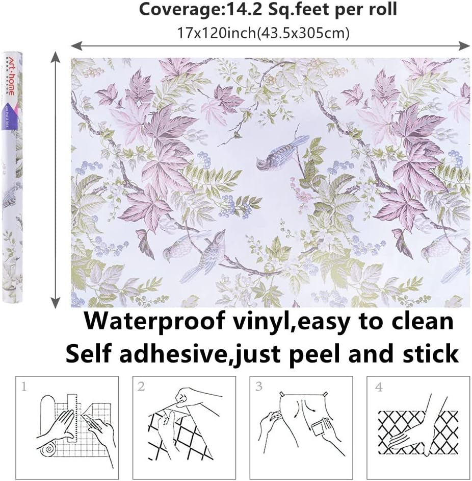 Arthome Peel and Stick Wallpaper Self Adhesive Birds Floral Contact Paper 43.5X305Cm Wall Paper Removable Decorative Vinyl for Room and Furniture Decoration. image number 6