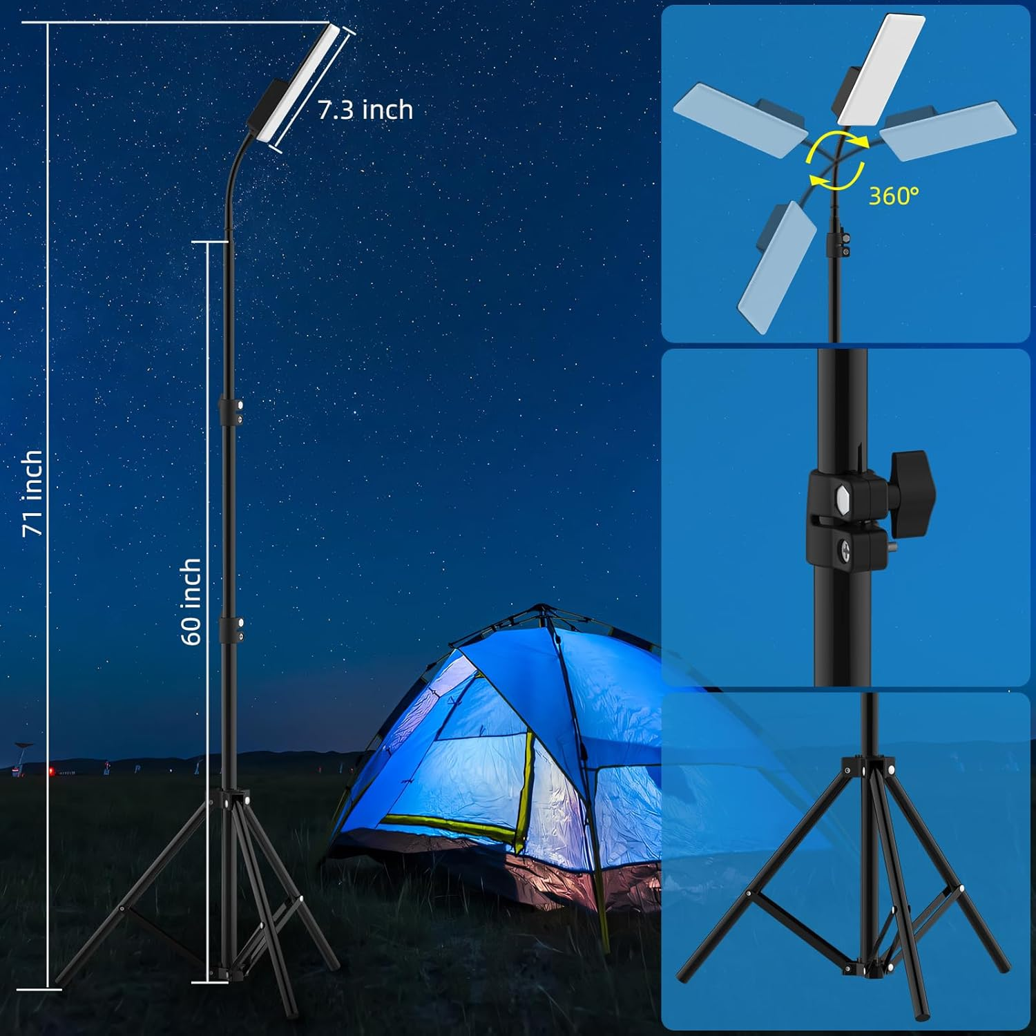 Mingzhe Portable Camping Light LED Work Lamp with Stand 360 Degree Rotatable Waterproof Campsite Light Support 3 Color Temperature and Stepless Dimming for Camping Tent Fishing Outdoor Activities image number 2