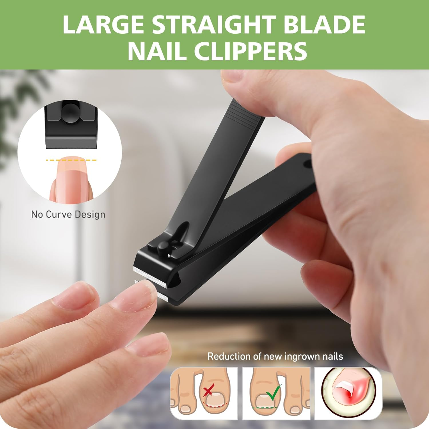 Heavy Duty Straight Blade Nail Clippers for Thick Toenails, Professional Stainless Steel Fingernail Toenail Clippers Trimmers - Thick Wide Jaw Toe Nail Clippings for Seniors, Men & Women (Black) image number 1