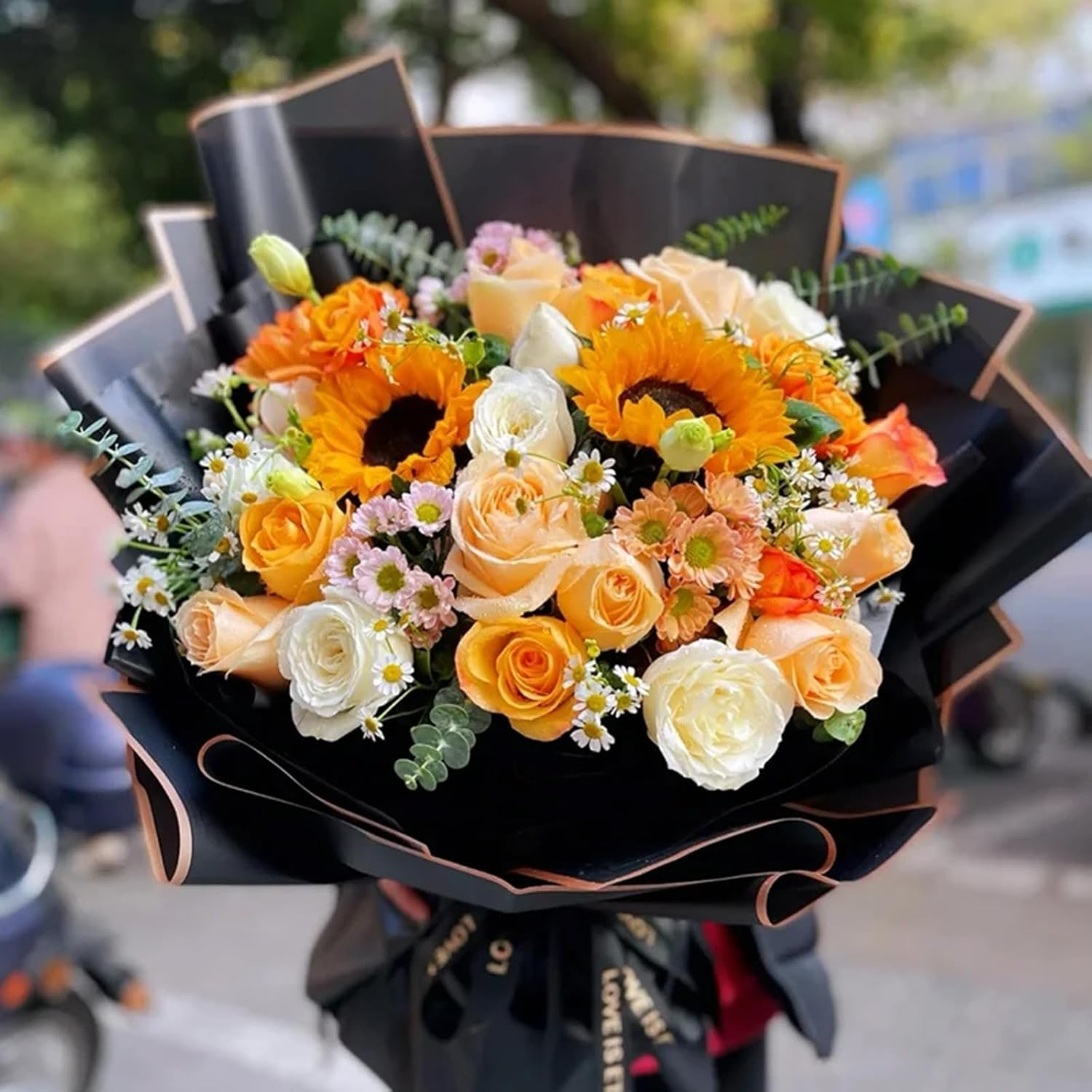 60 Pieces of Bouquet Wrapping, 22.8-Inch Large Size,Organza Ribbon and Greeting Card,Waterproof Translucent Phnom Penh Wrapping, Bouquet Wrapping, (Black, Blue, Gray)