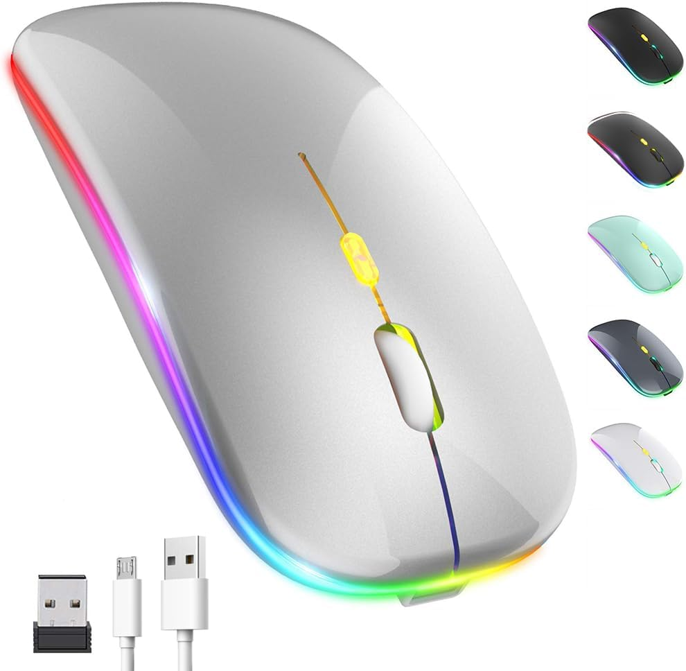 LED Wireless Mouse, Rechargeable Slim Silent Mouse 2.4G Portable Wireless Bluetooth Mouse Dual Mode with USB Receiver and Type C Adapter, 3 Adjustable DPI for Notebook, PC, Laptop (Silver) image number 4