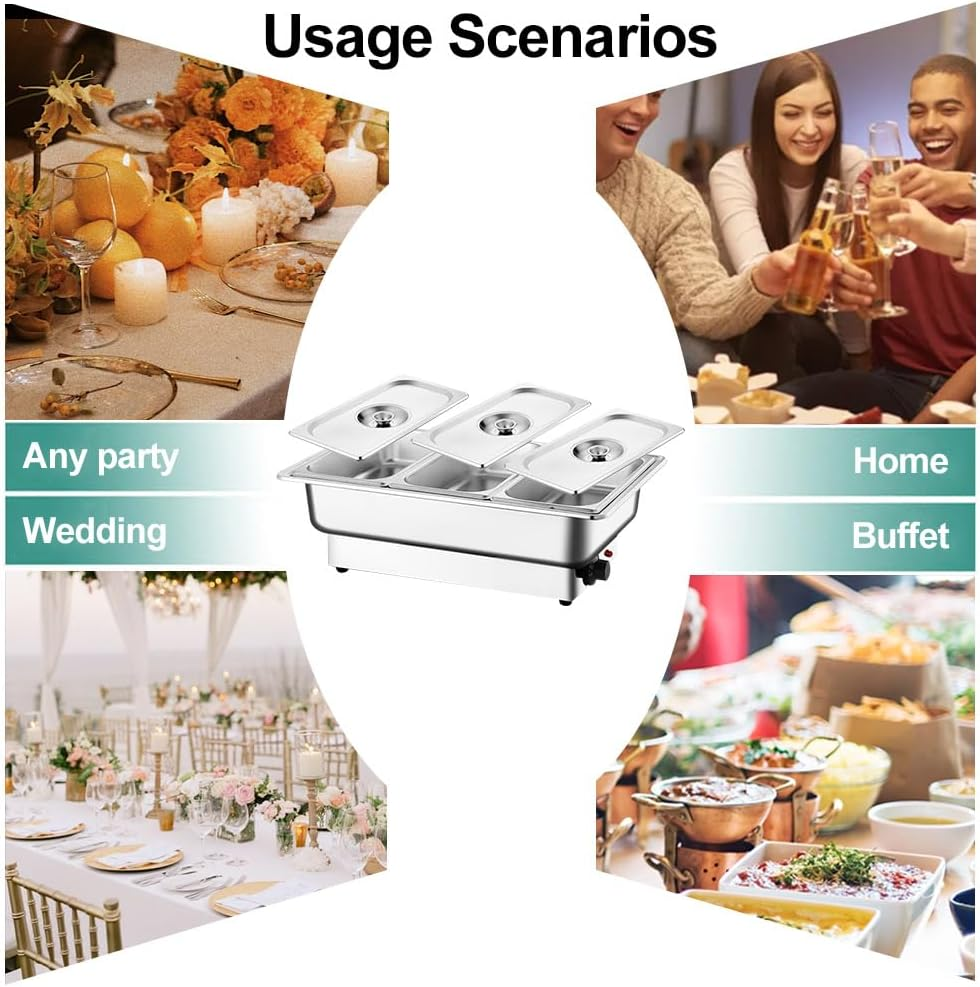 Zertylre 9L Food Warmer Buffet Server, 3 Trays 600W Stainless Steel Electric Adjustable Temperature Freestanding Lids, Chafing Dish Set for Parties, Banquets, Catering Events (9L) - 9L image number 5