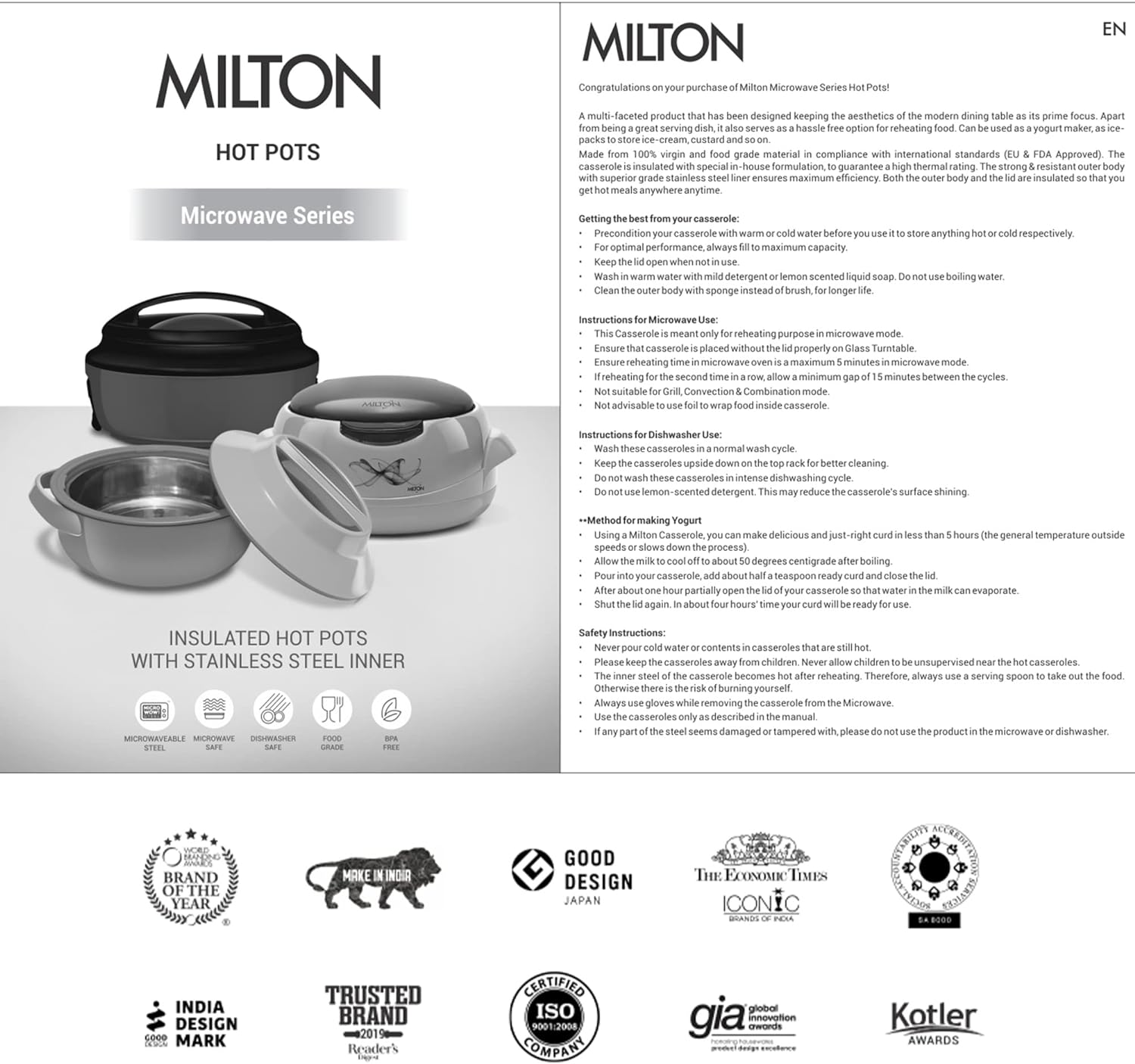 Milton Casserole for Hot Food, Double Walled Insulated Inner Stainless Steel Hot Pot with Lid, Serving Box for Food and Roti, Serving Bowl, Microwave Set of 3 (420 Ml, 850 Ml, 1.43 Lit),Ernesto - Red - Red image number 2