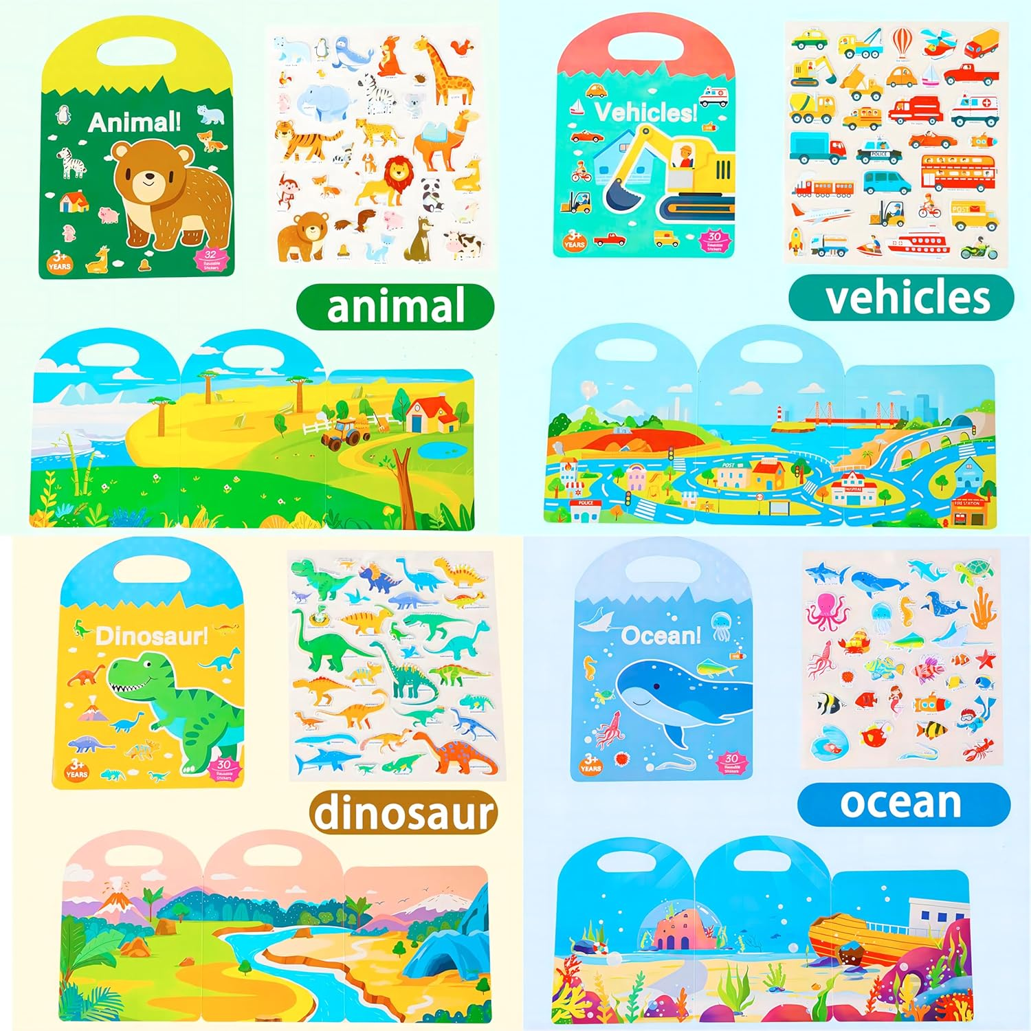 4 Pack Reusable Puffy Sticker Book for Kids 2-4, Reusable Stickers Books for Toddlers 1-3 Boys Girls, 4 Themes Animal Vechicles Dinosaurs Ocean Education Learning Toys for Christmas Birthday Gift image number 4