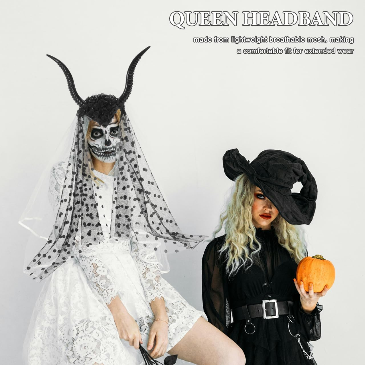 Healifty Goat Horns Headband Costume Cosplay: Gothic Queen Sheep Horns Headdress Halloween Demon Devil Headpiece with Black Mesh Veil image number 1