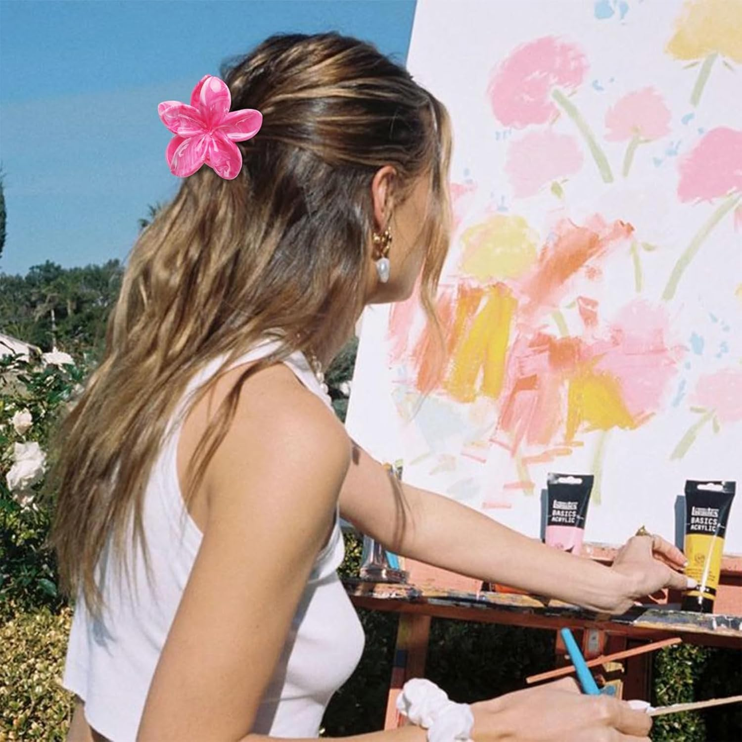 Yamobi Flower Hair Clips, Pack of 4 Hawaii Plumerias Flower Hair Claws, Artistic Multicoloured Lubrication Patterns Barrettes Hair Clips, Beach Tropical Hair Accessories image number 1