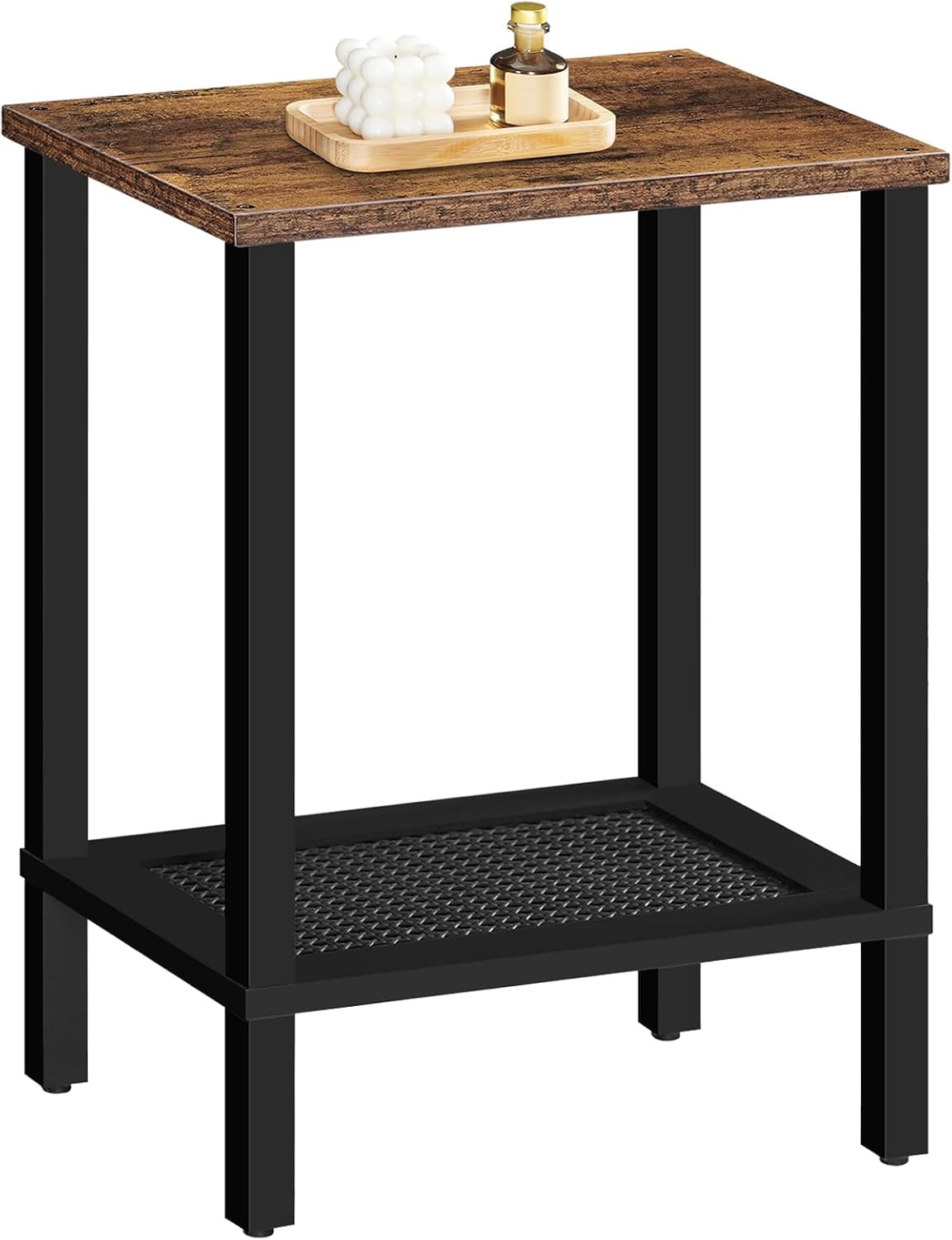 HOOBRO End Table, Small Side Table with 2-Tier Storage Shelves, Nightstand with Faux Rattan Decoration, for Living Room, Bedroom, Rustic Brown and Black BF91BZ01 image number 5