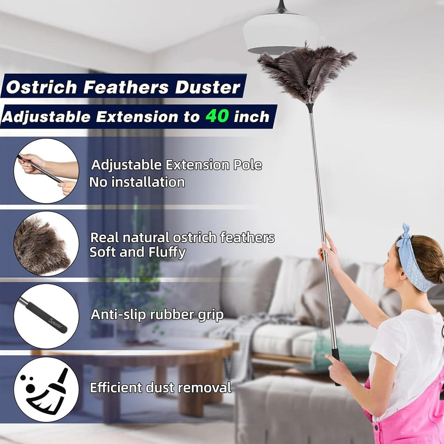 Tzylomirx Extendable Ostrich Feather Duster - 40 Inches Fluffy Long Handle Reusable Feather Duster for Cleaning Ceiling Fan, Pendant Lamp, High Ceiling, Blinds, and All Kinds of Furniture image number 3