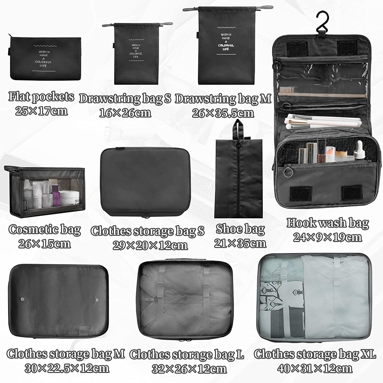 Packing Cubes, 10 Set Packing Cubes with Shoe Bag & Electronics Bag - Luggage Organizers Suitcase Travel Accessories (Black) image number 6
