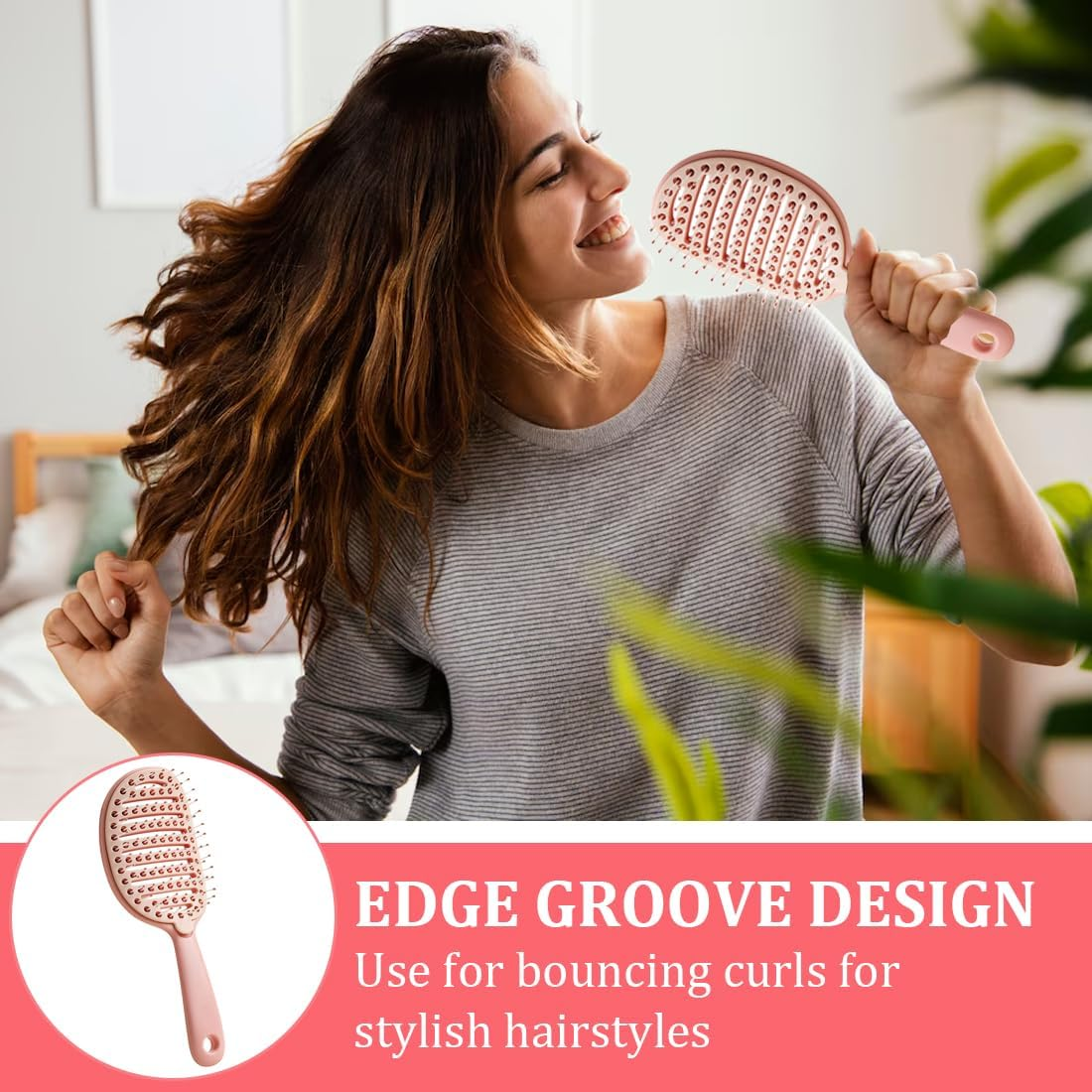 HQRKOTM 1 X Hair Brush, Curl Brush, Bounce Curl Brush, Professional Detangling Brush for All Hair Types, Removable Cleaning Brush, More Shine, Volume, Pink