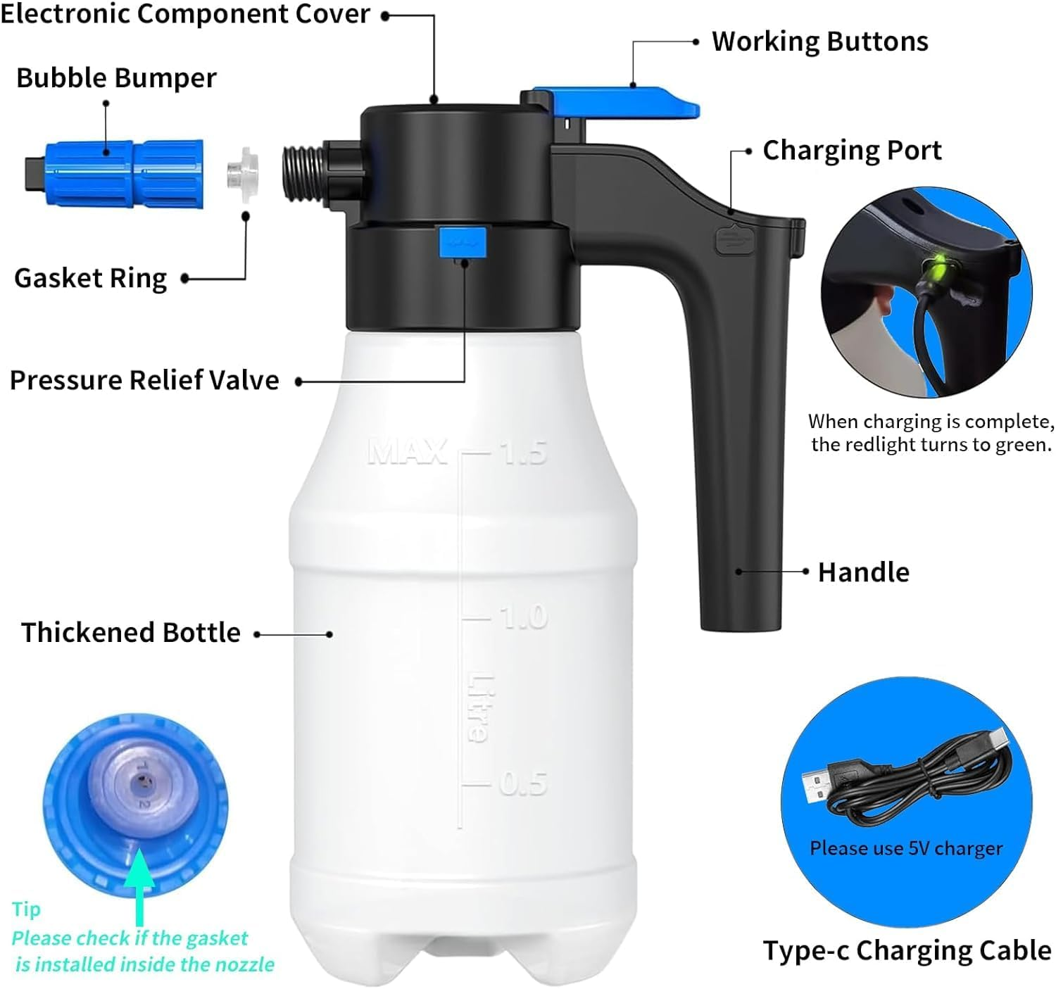 Yuedefly Electric Foam Sprayer with USB - Electric Pressure Car Foam Sprayer, 1.5 Liters Large Capacity Foam Blaster for Car Washing, Garden, Home and Other Cleaning image number 4