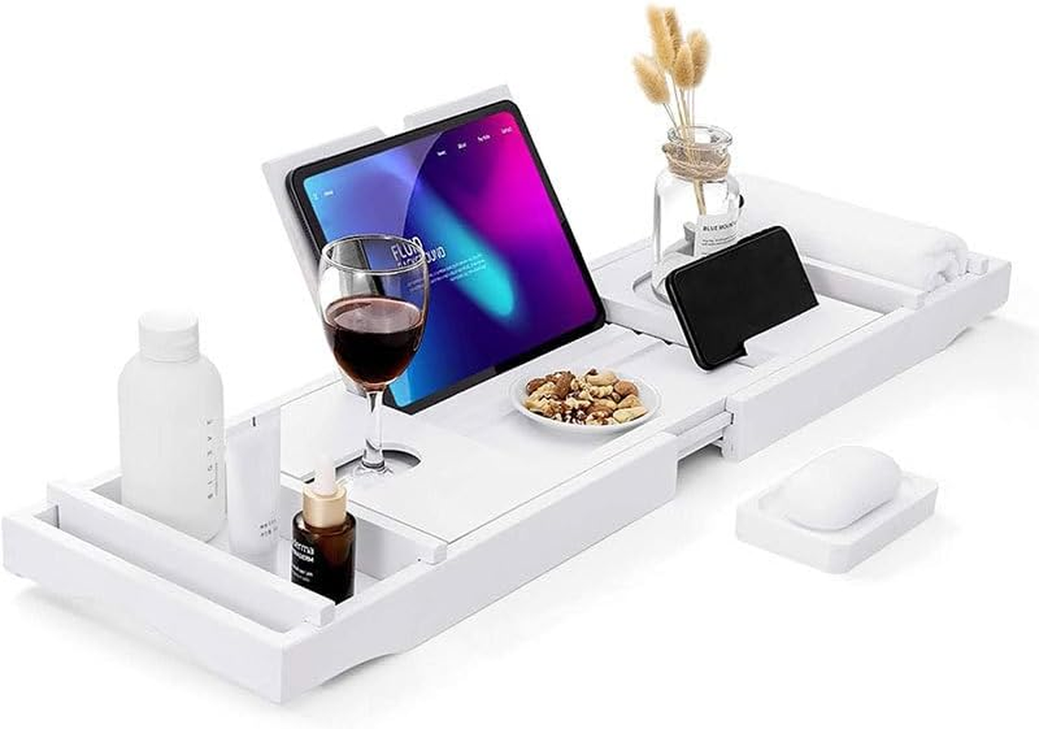 Tootoo Expandable Bathtub Caddy Tray Bamboo Bath Table over Tub with Wine & Book Holder image number 6