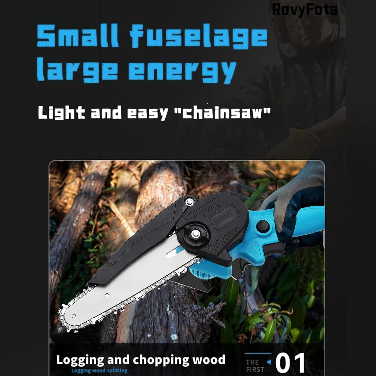 Fitbliss Cordless Mini Chainsaw, 6 Inch Upgraded 24V Electric Chainsaw 2 * 1500Mah Battery Powered, Gardening Branch Wood Cutting, Handheld Mini Chainsaw for Tree Pruning (Blue)