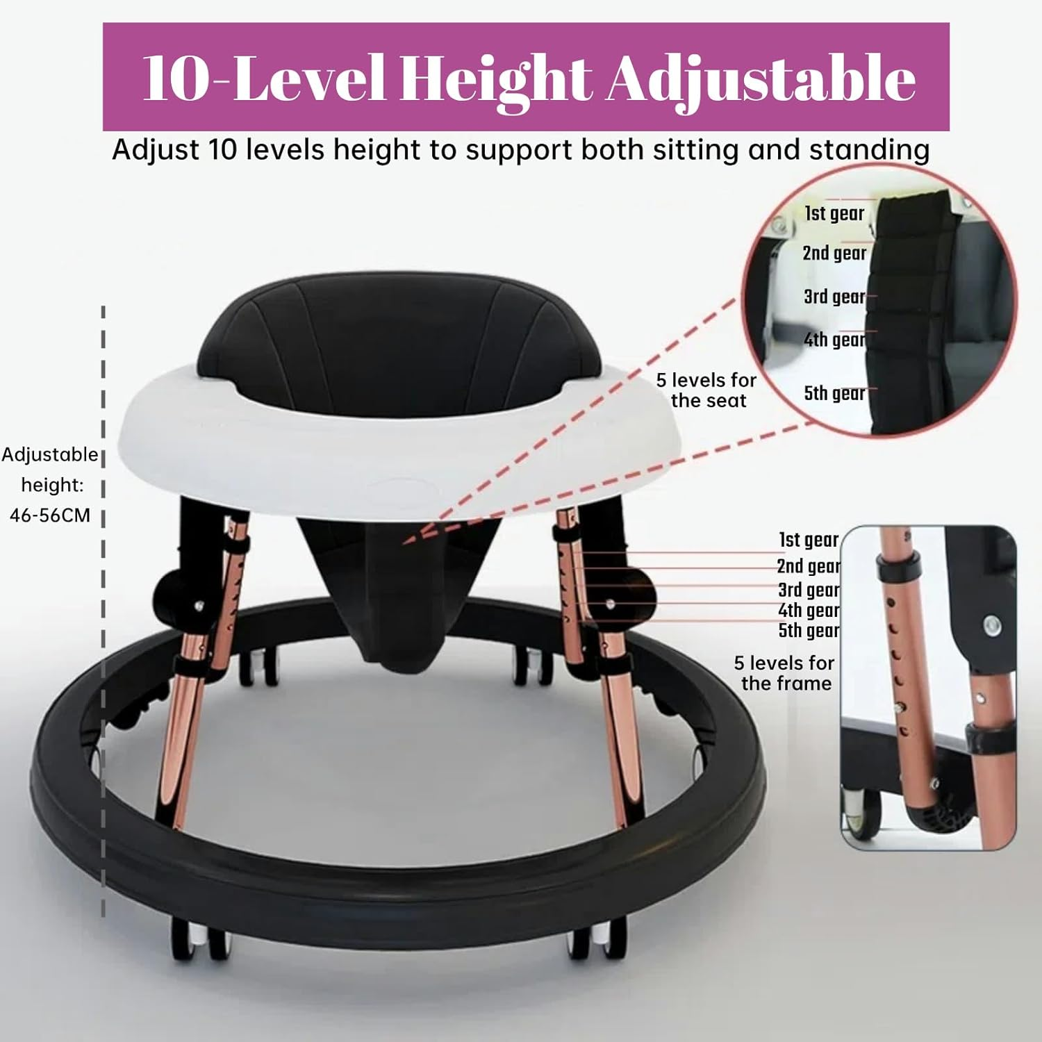 Baby Walker 6-12 Months, 10-Level Adjustable Height Foldable Baby Jumper & Mobile Baby Walker with 360&deg; Wheels, Rosegold Aluminum Frame & Wide Stable Base for Infants 6-18 Months image number 3