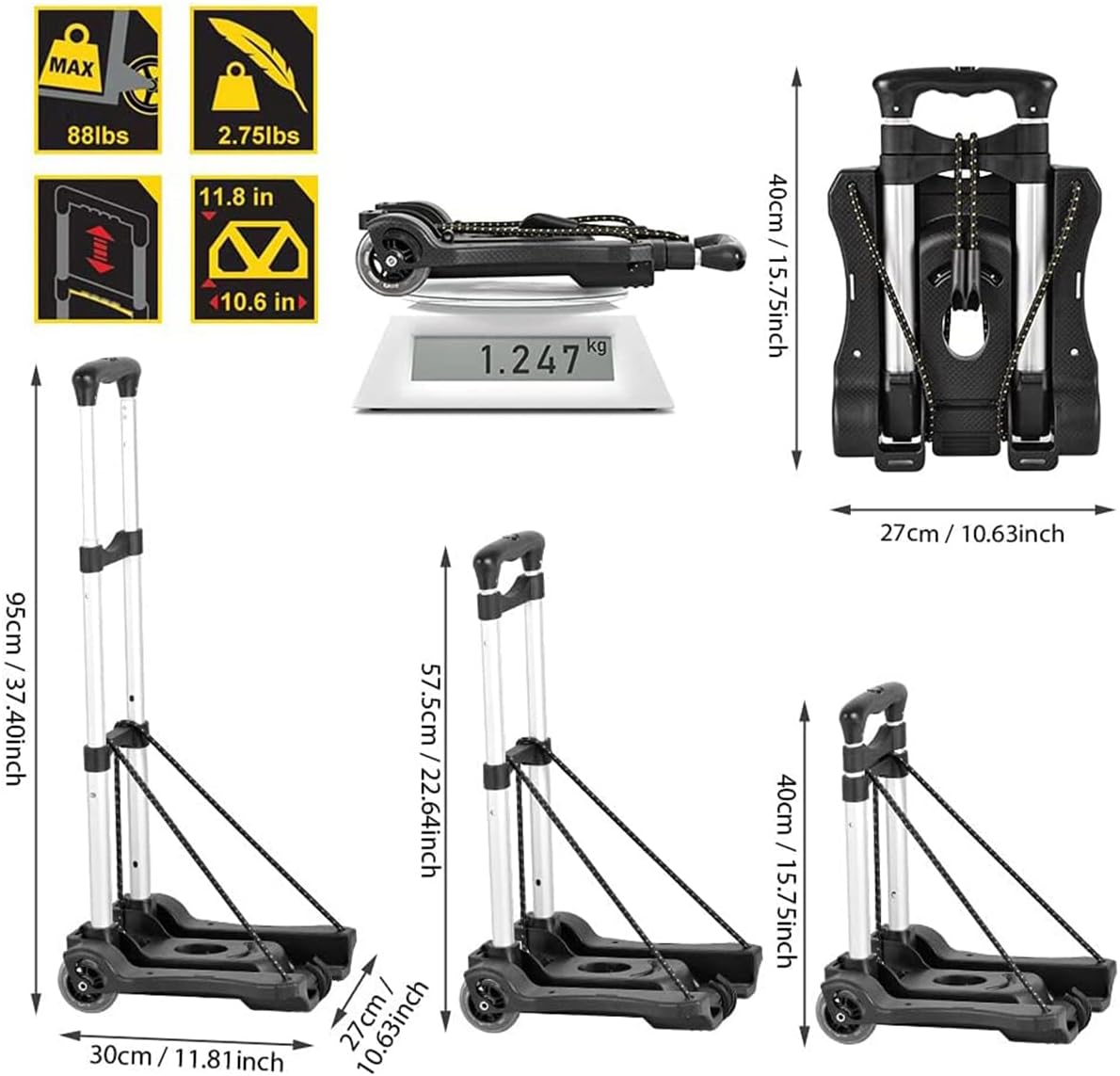 Small Folding Hand Truck Dolly with 2 Wheels, Platform Cart with Black & 2 Elastic Ropes for Luggage, Travel, Moving, Shopping, Office Use image number 2