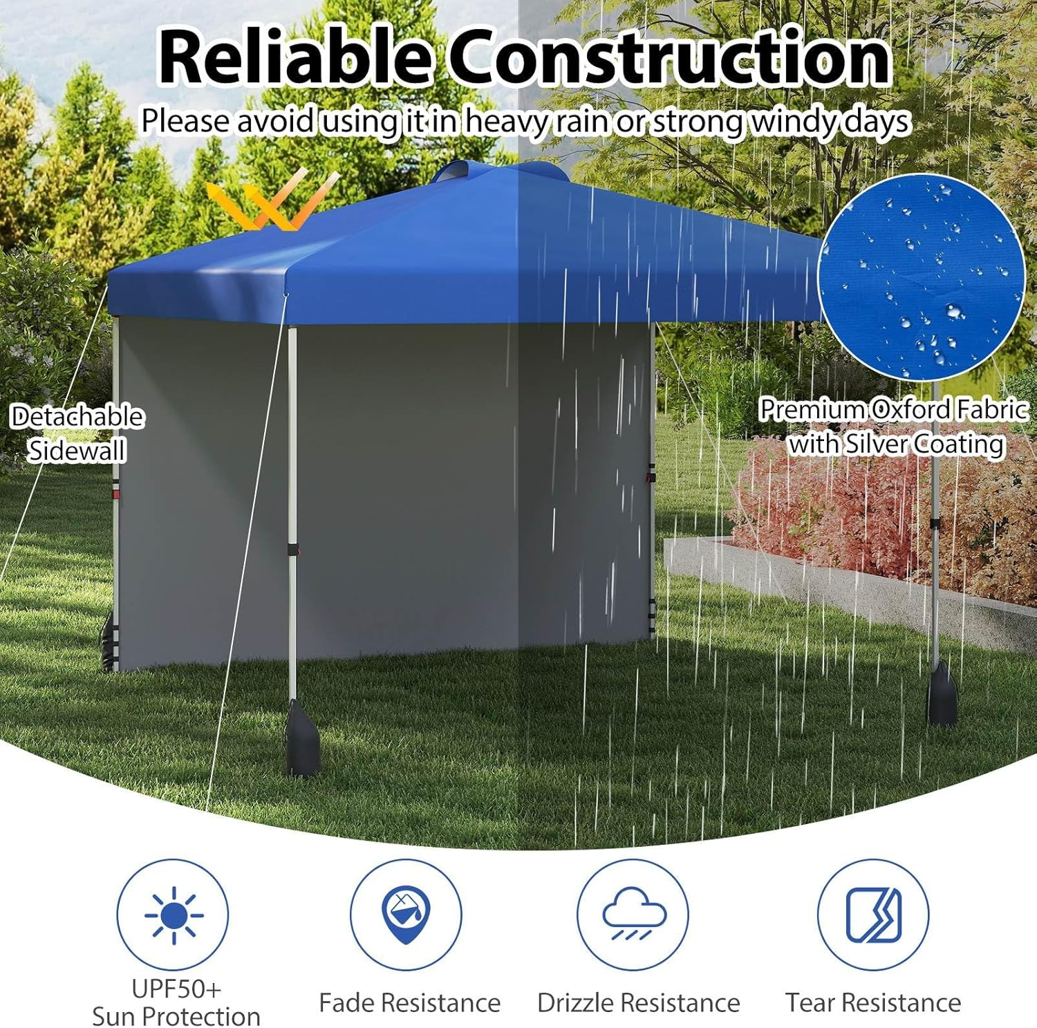 Costway 3 X 3 M Pop up Canopy Tent W/ 1 Sidewall, Wheeled Bag, 8 Stakes, 4 Anchors, 4 Wind Ropes, 4 Sandbags, Vented Top, Portable Foldable Outdoor Patio Shelter (Blue) image number 4