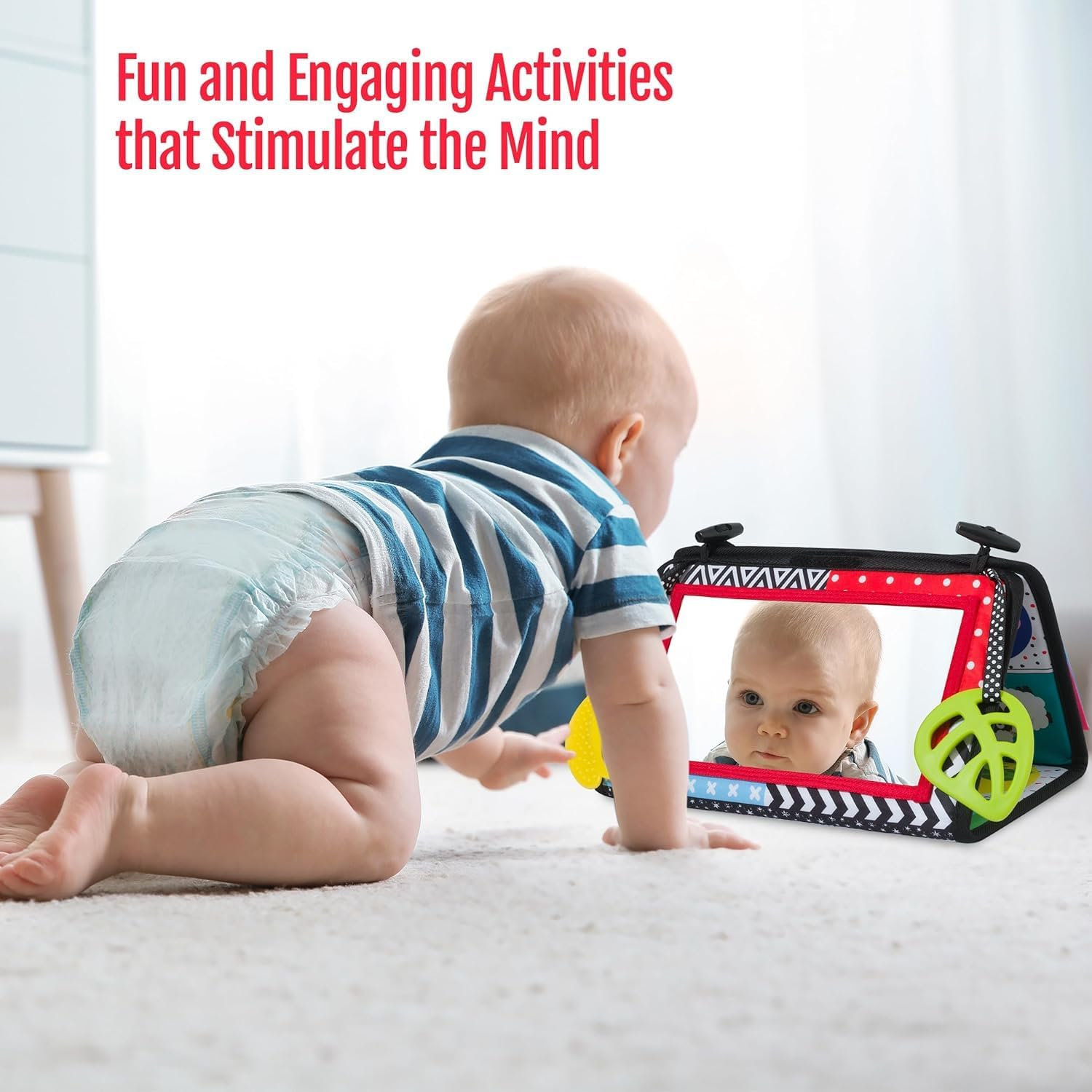 Tummy Time Floor Mirror, Black and White Baby Book, High Contrast Crinkle Cloth Book with Teethers, Activity Developmental Gift Toys for Infants Newborn Boys Girls 0-12 Months image number 5