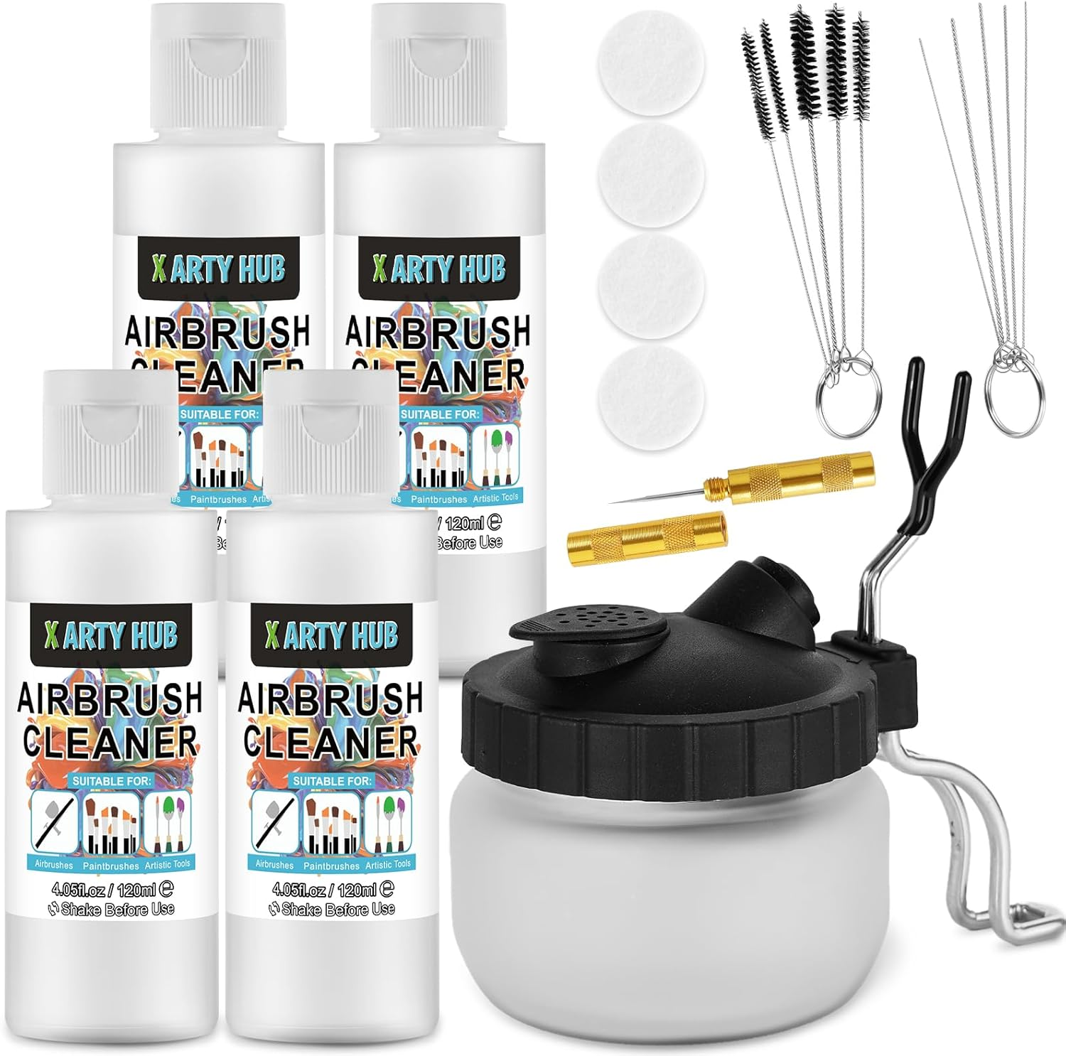 X ARTY HUB Airbrush Cleaning Kit - 4 * 120 Ml Airbrush Cleaner with Glass Cleaning Pot, Easily Handle Water-Based and Acrylic Paints, for Airbrushes & Other Artistic Tools image number 2