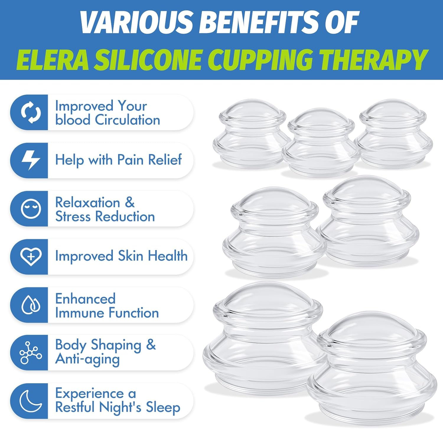 ELERA Silicone Cupping Theraphy Set, Professionally Chinese Massage Cups for Cupping Therapy and Cellulite Reduction (7 Cups)